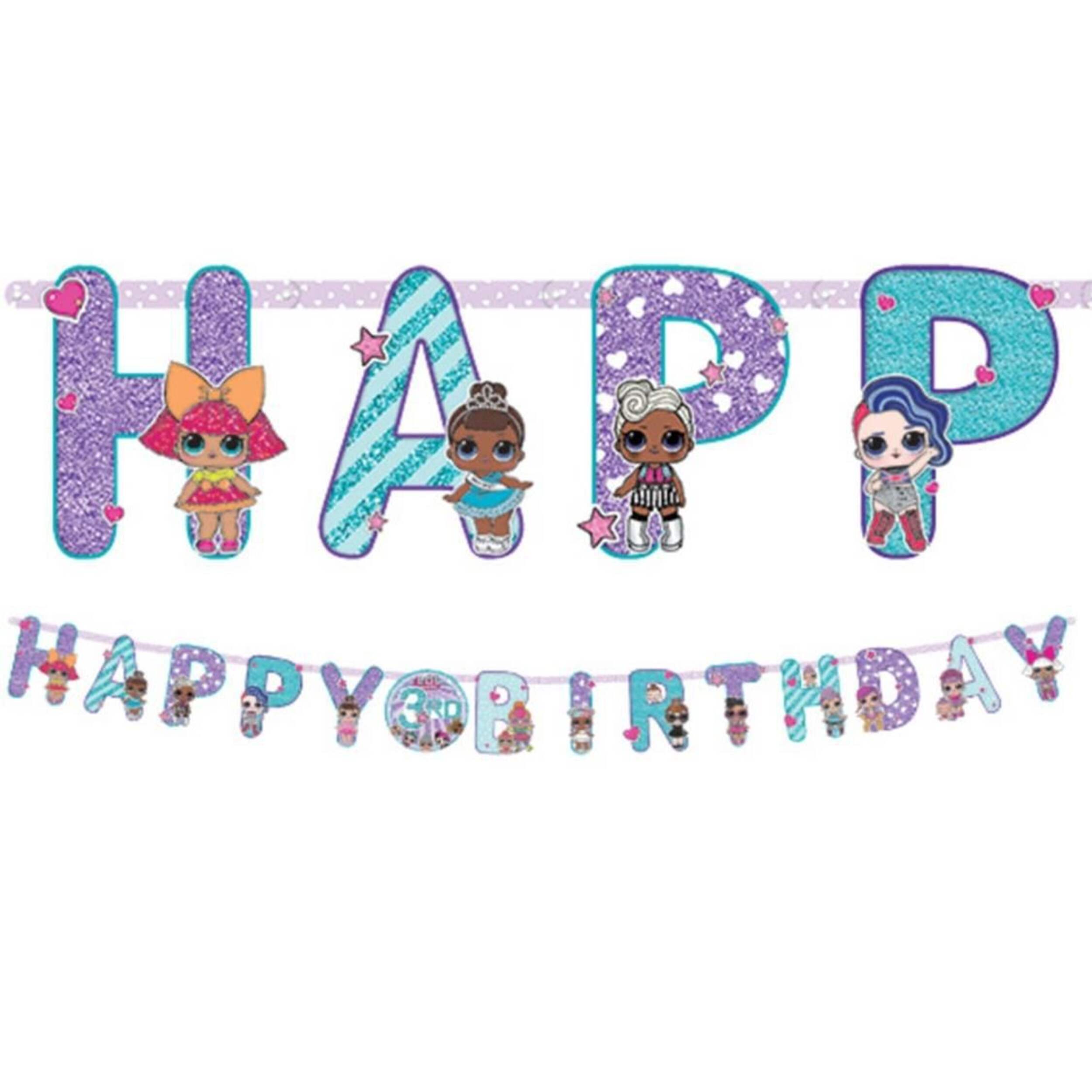 L.O.L Surprise! "Happy Birthday" Hanging Garland Banner Decoration, Purple/Teal, 10.5-ft,  2-pk, for Birthday Party Composite_or_Mixed