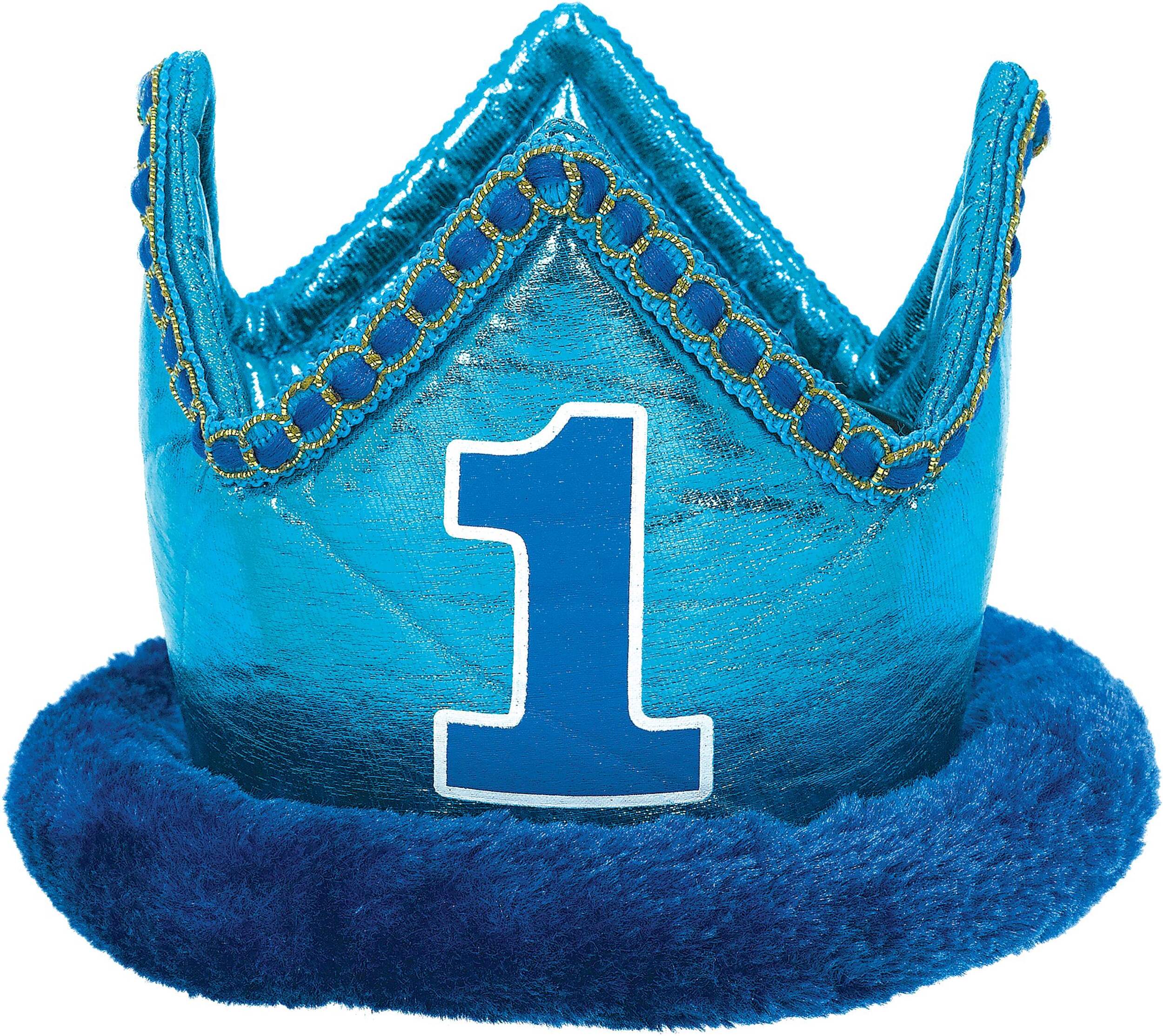 Couronne pelucheuse bordée de fourrure premier anniversaire, bleu, taille unique, accessoire à porter pour anniversaires Front_Flat
