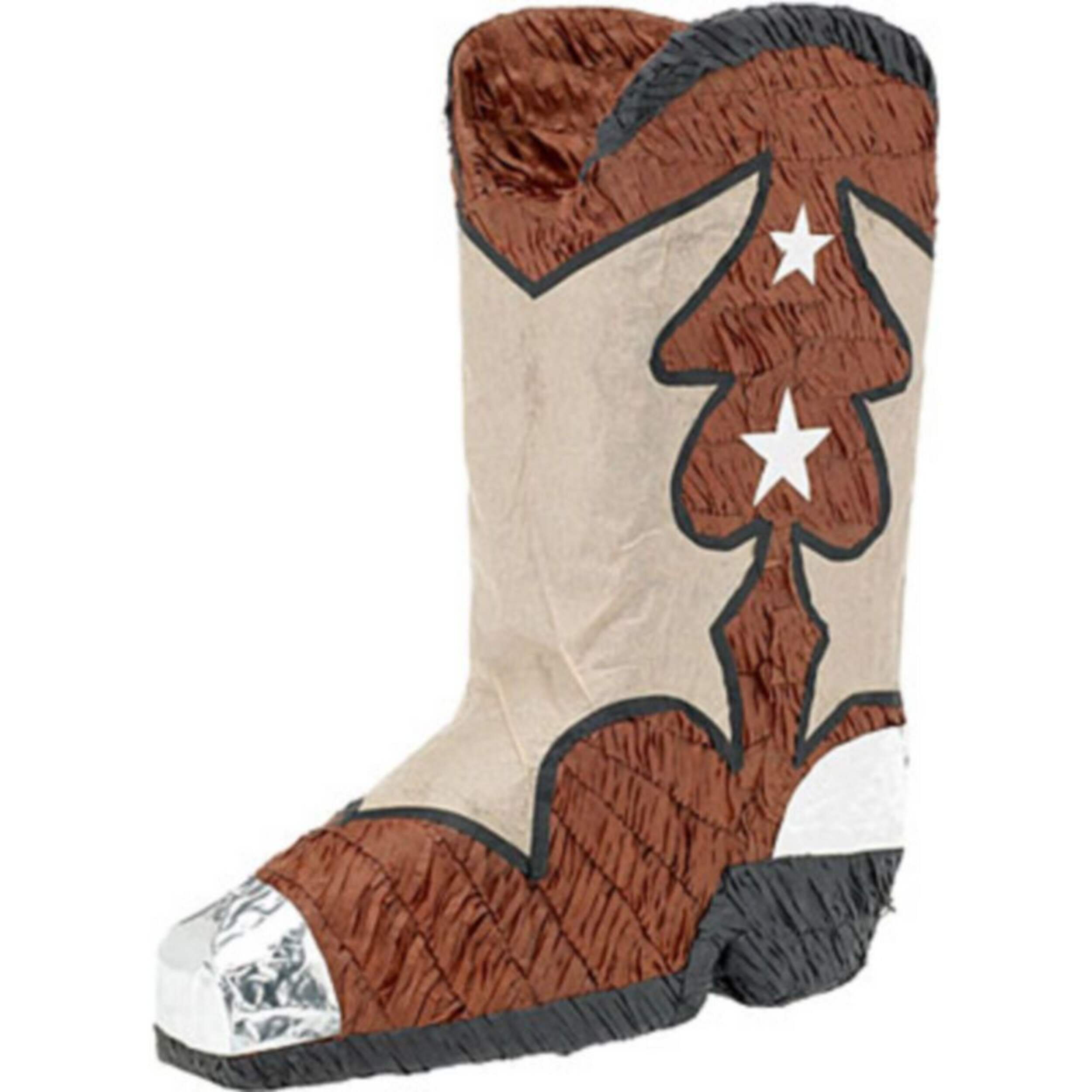 Cowboy Boot Pinata Hanging Decoration, Brown, 18.5-in, Holds 2lb of Pinata Filler, for Birthday/Western Parties Front_Three_Fourths_Angled_Right