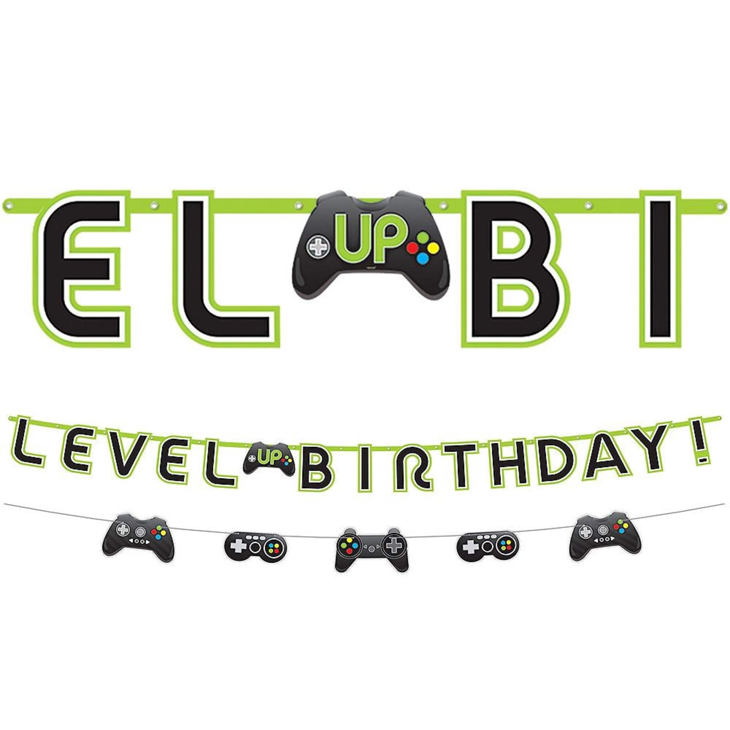 Level Up "Level Up Birthday" Video Game Controller Hanging Garland Banner Decoration, Green/Black, 6.5-in, 2-pk, for Birthday Party Front_Flat
