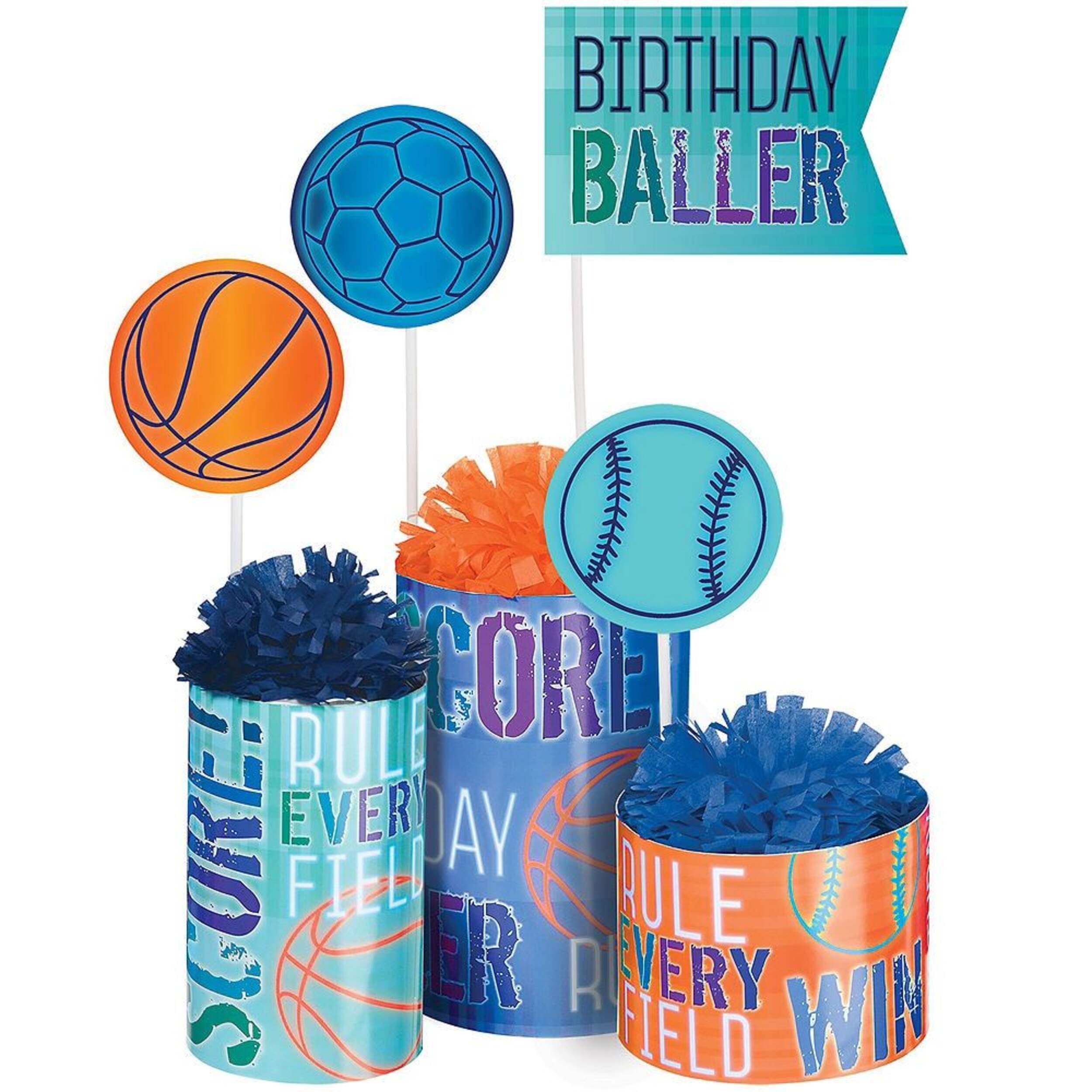 "Birthday Baller" Sign Table Centerpiece Decorations, Orange/Blue, 12-in, 3-pk, for Birthday Party Front_Flat