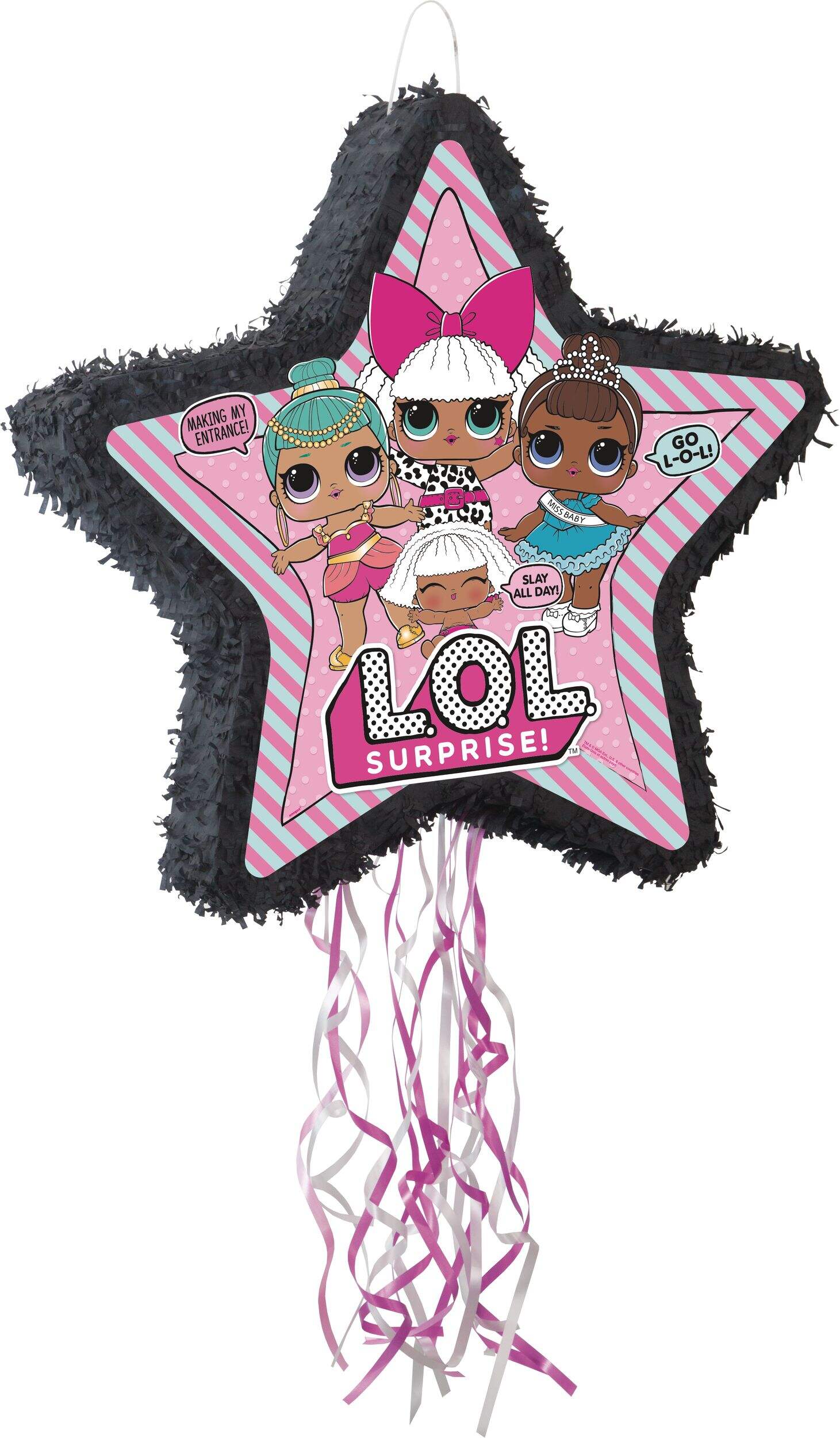 L.O.L. Surprise! Star Pinata Hanging Pull String Decoration, Pink/Black, 23-in, Holds 2lb of Pinata Filler, for Birthday Parties Front_Angled_Right
