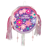 "Happy Birthday" Flower Pinata Hanging Pull String Decoration, Pink/Purple, 18-in, Holds 2lb of Pinata Filler, for Birthday Parties Front_Flat