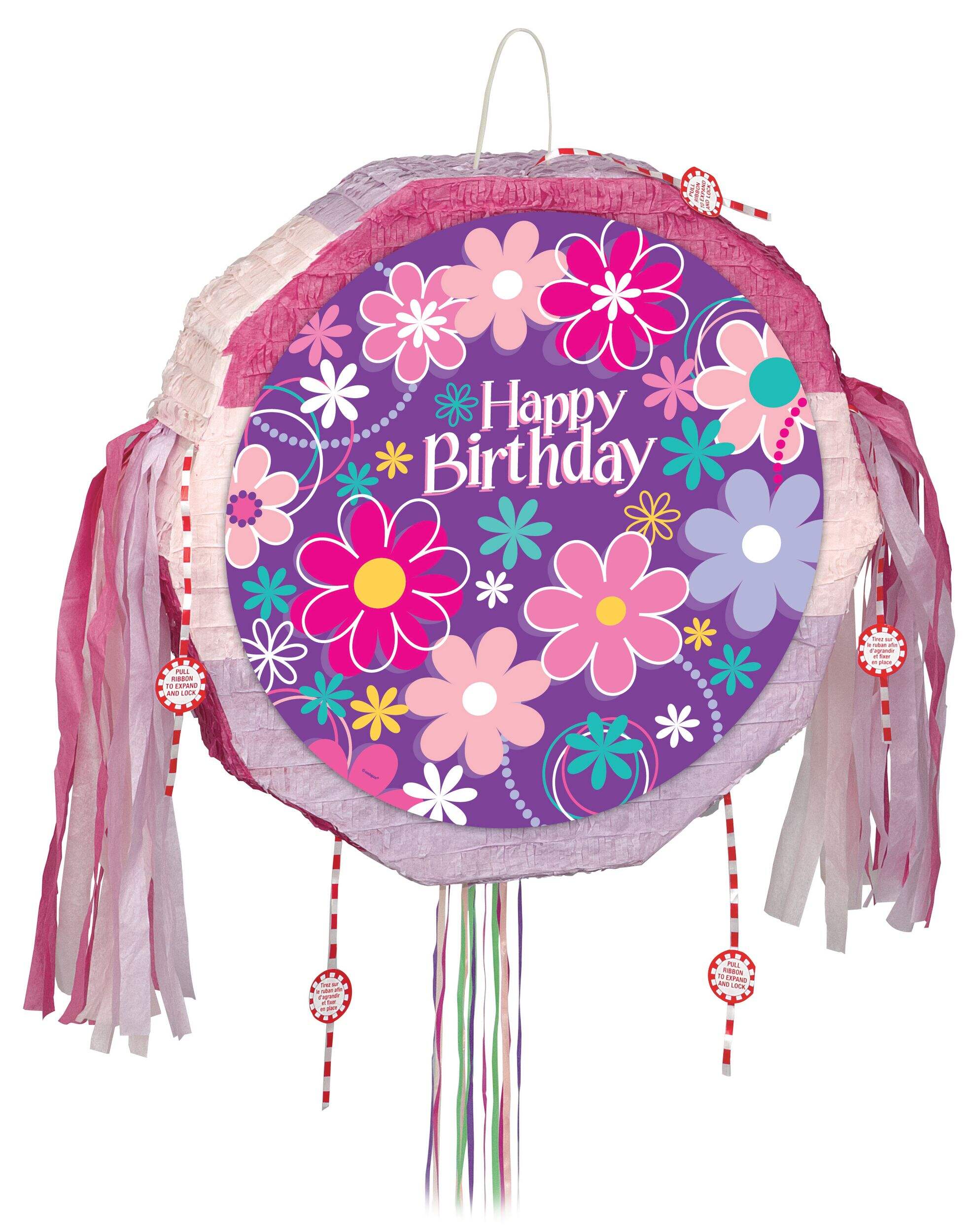 "Happy Birthday" Flower Pinata Hanging Pull String Decoration, Pink/Purple, 18-in, Holds 2lb of Pinata Filler, for Birthday Parties Front_Flat