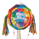 "Happy Birthday" Striped Pinata Hanging Pull String Decoration, Multi-Coloured, 18-in, Holds 2lb of Pinata Filler, for Birthday Parties Front_Flat