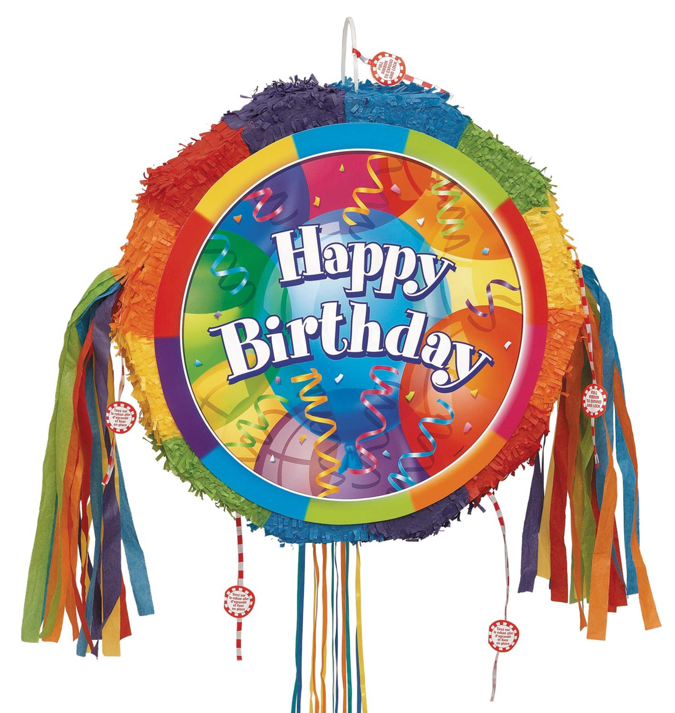 Décoration pinata suspendue rayée à ficelles Happy Birthday, multicolore, 18 po, peut contenir 2 lb de garniture à pinata, pour fêtes d'anniversaire Front_Flat