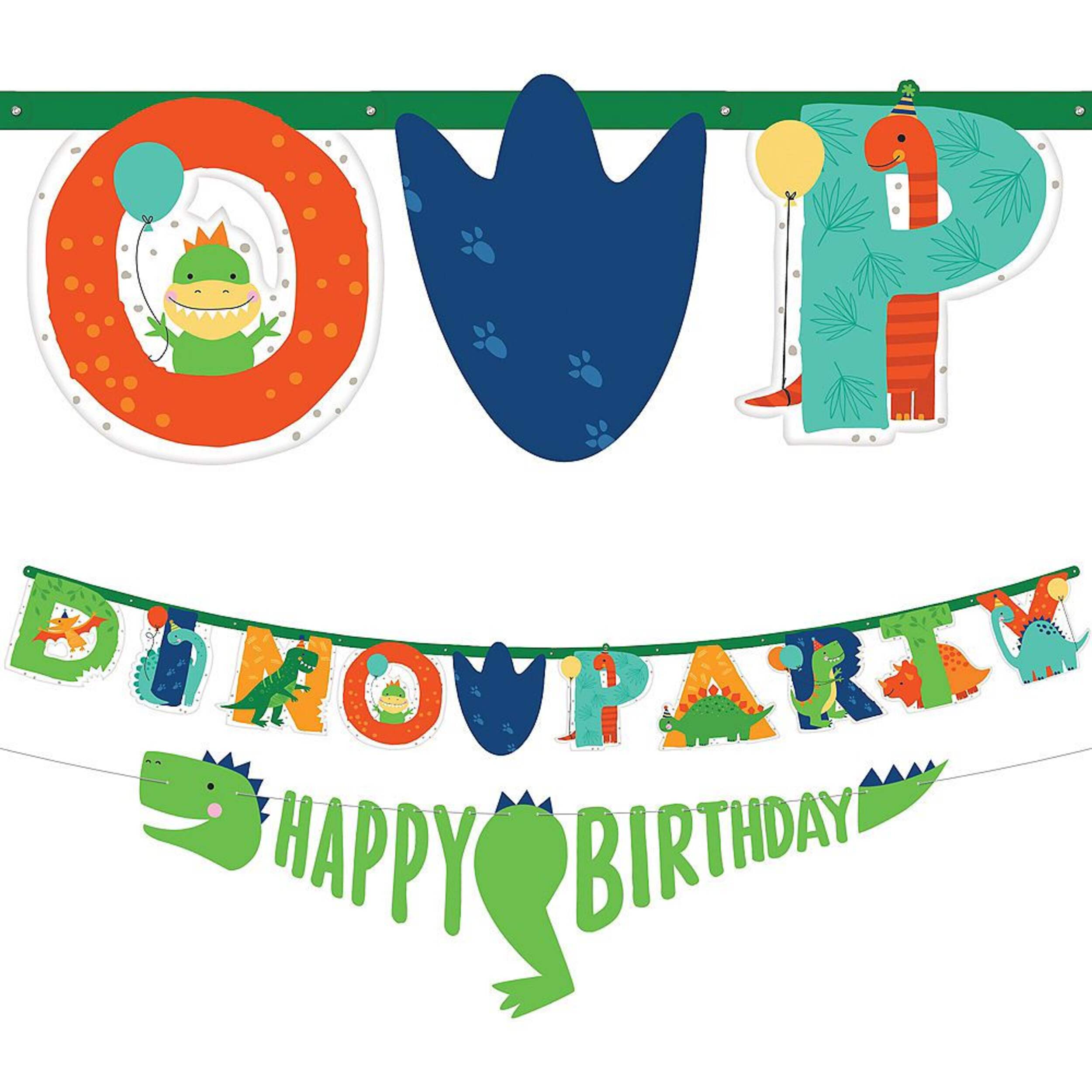 Dino-Mite "Happy Birthday"  Dinosaur Hanging Garland Banner Decoration, Green/Blue/Orange, 12.75-in, 2-pk, for Birthday Party Front_Flat