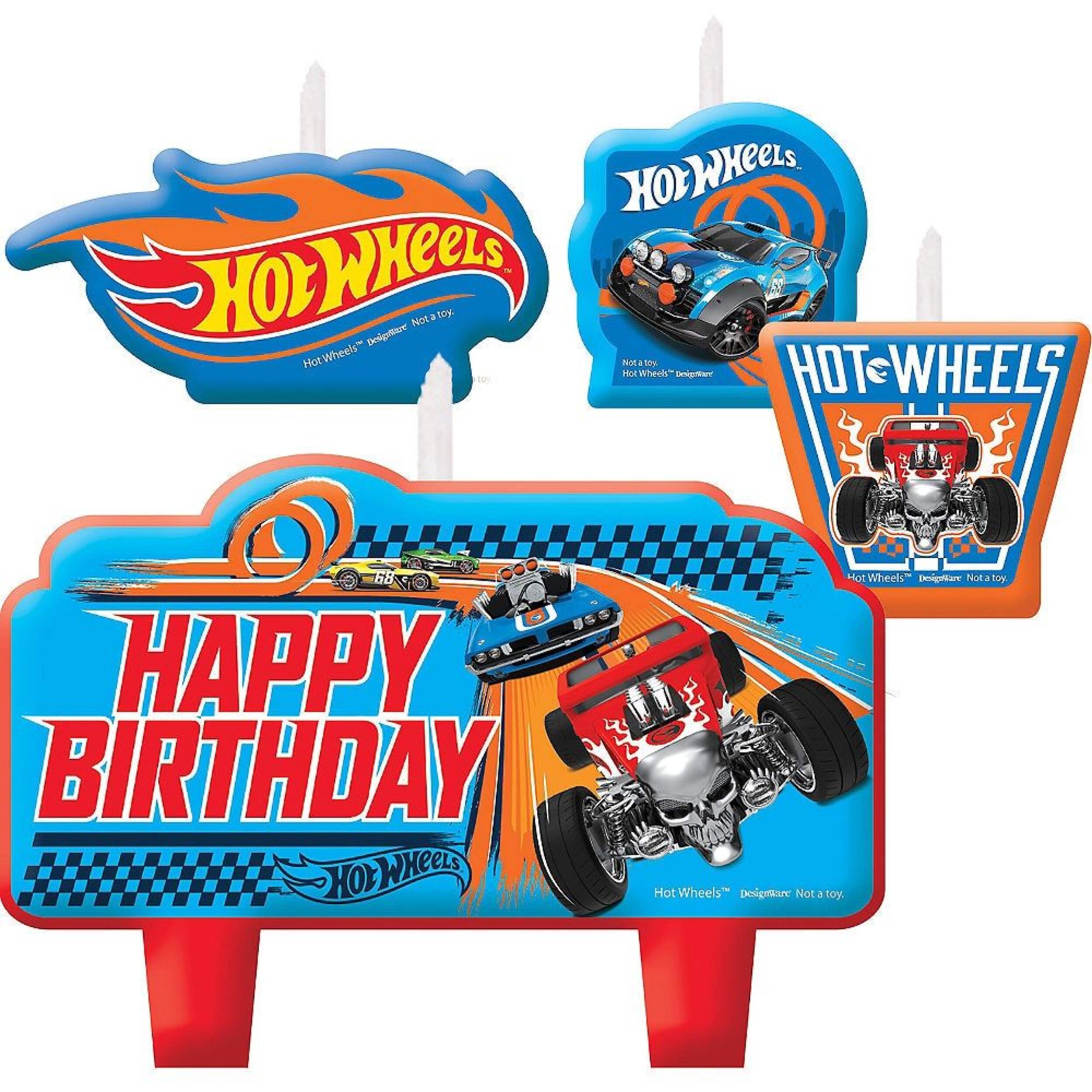 Mattel Hot Wheels "Happy Birthday" Wax Candle Set, Blue/Red, 2.25-in, 4-pk, for Birthday Party Front_Flat