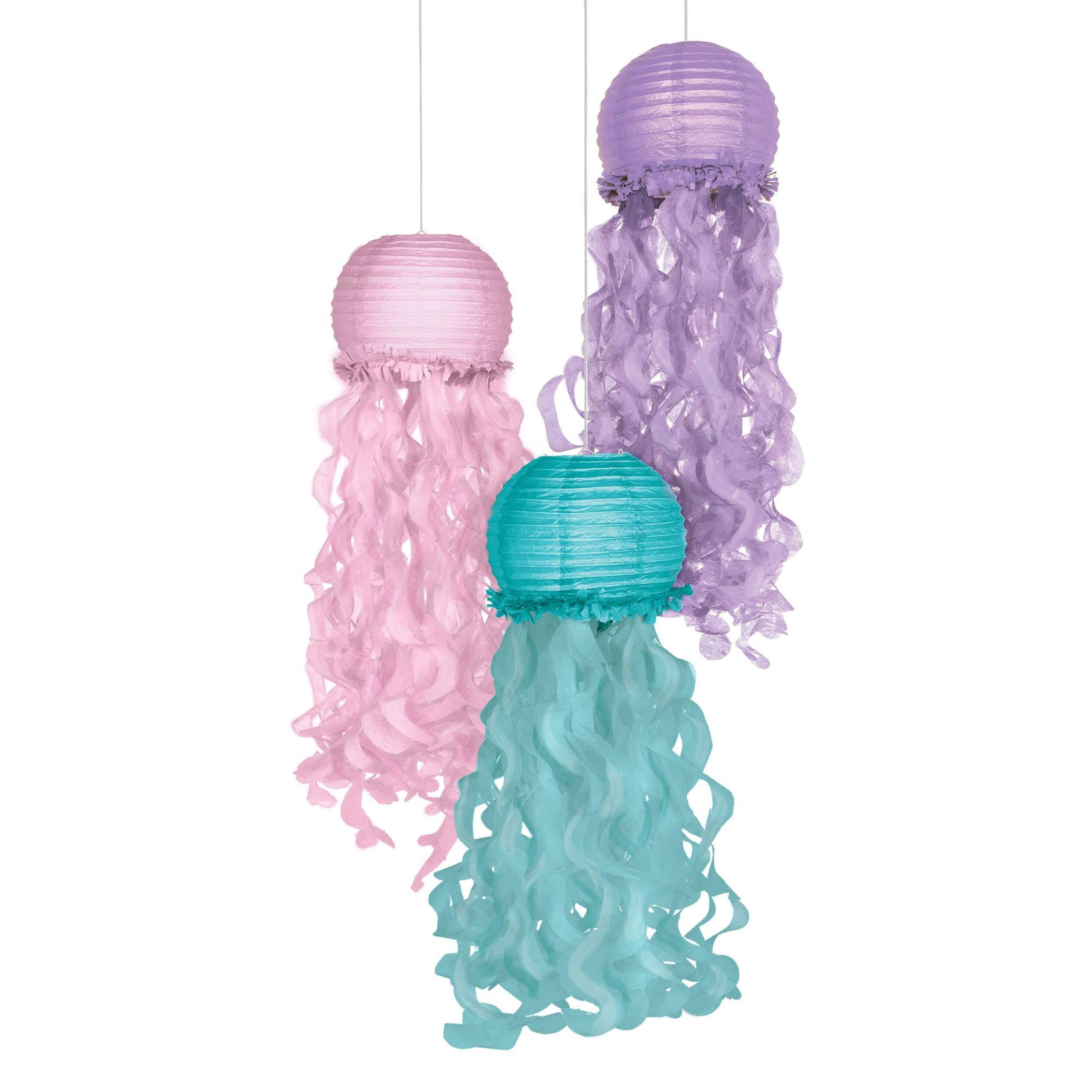 Lanternes décoratives en papier suspendues méduse sirènes chatoyantes, rose/bleu/violet, 35 po, paq. 3, pour fête d'anniversaire Front_Flat