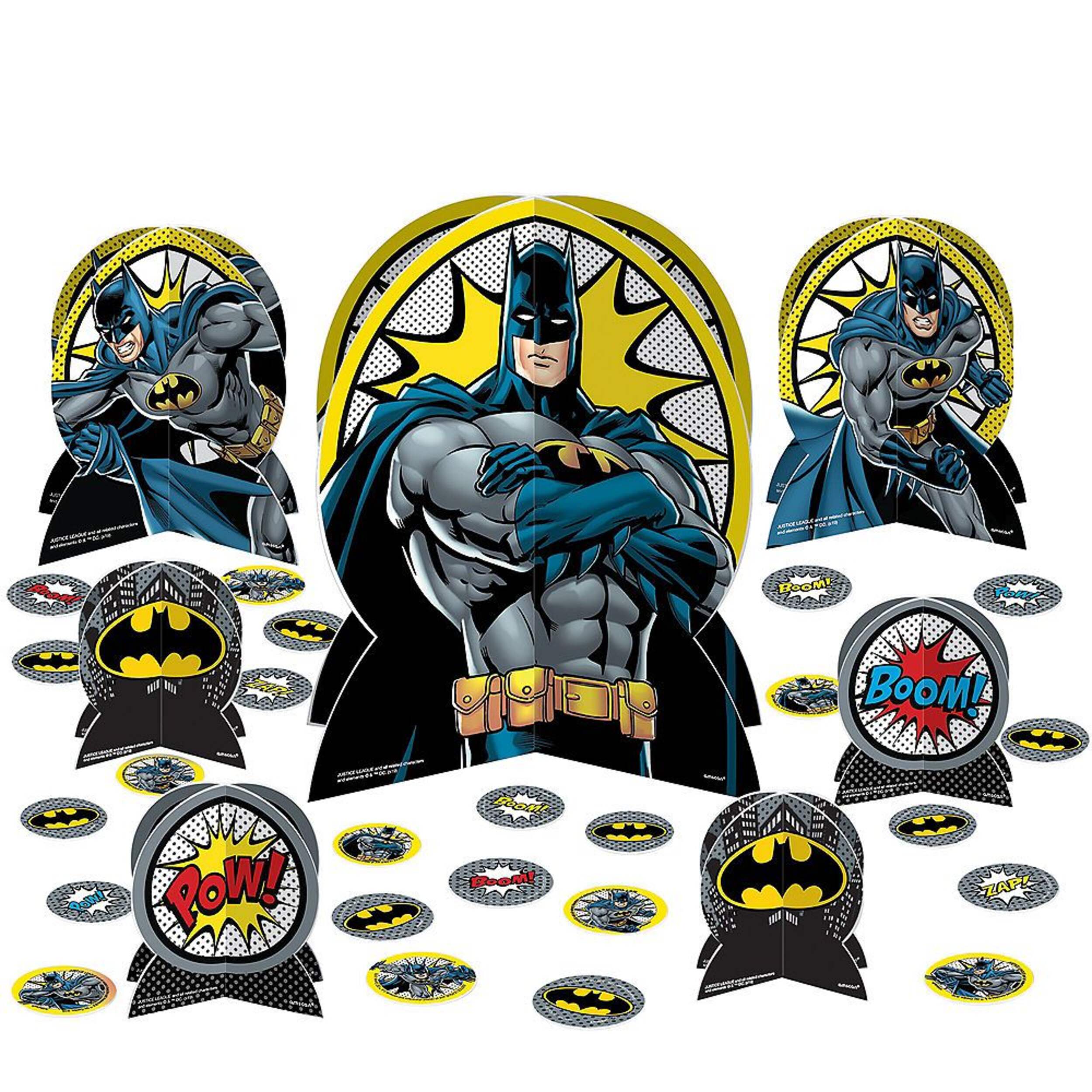 DC Justice League Batman Table Decorating Kit Centerpieces with Confetti, Black/Yellow, 12-in, 27-pk, for Birthday Party Composite_or_Mixed