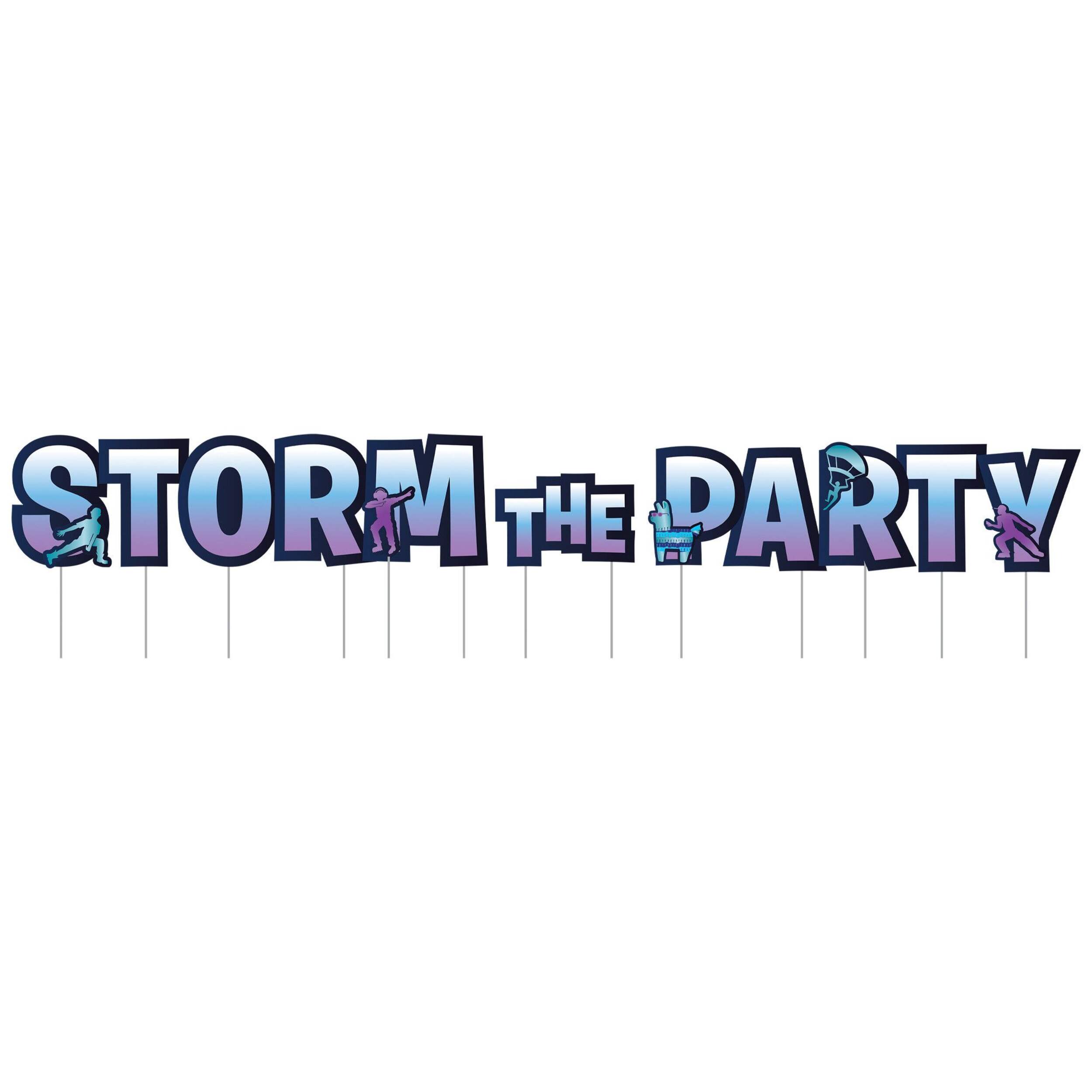 Battle Royal "Storm the Party" Outdoor Yard Stake Sign Decoration, Blue, 18.5-in, 3-pk, for Birthday Party Front_Flat