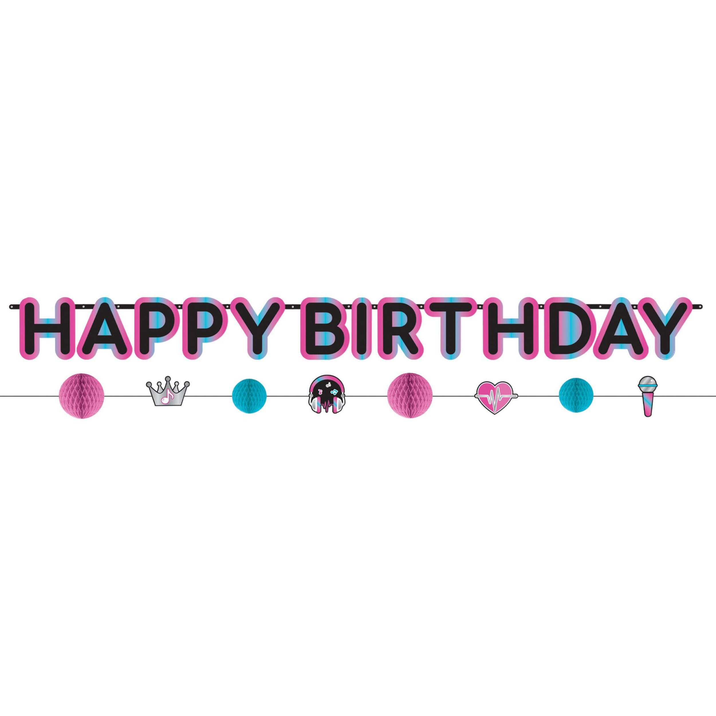Internet Famous "Happy Birthday" Hanging Garland Banner Decoration, Blue/Pink/Black, 10.5-ft, 2-pk, for Birthday Party Front_Flat