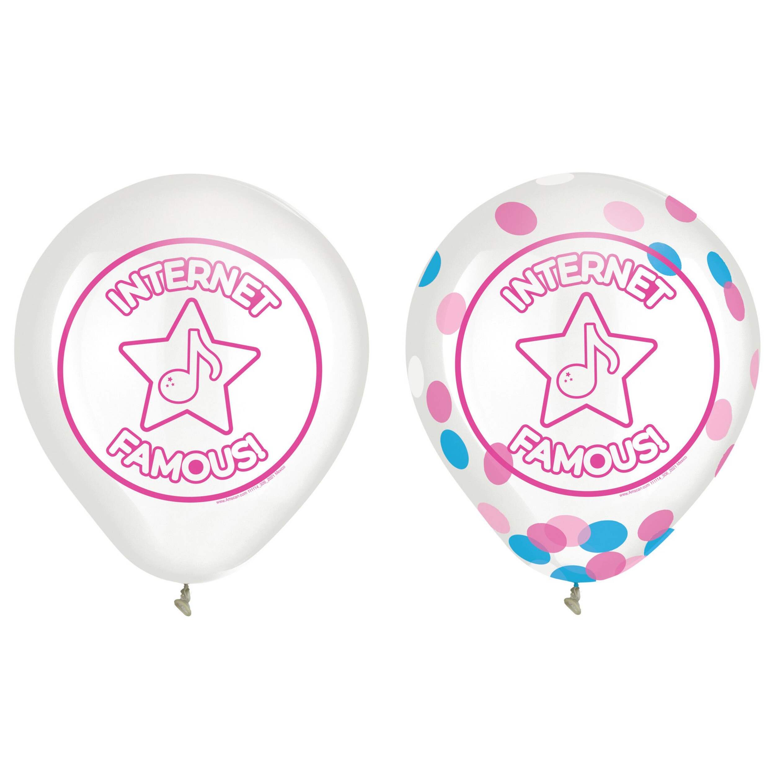 Ballons en latex ronds confettis transparents Internet Famous, blanc/rose/bleu, 12 po, paq. 2, pour fête d'anniversaire Front_Flat