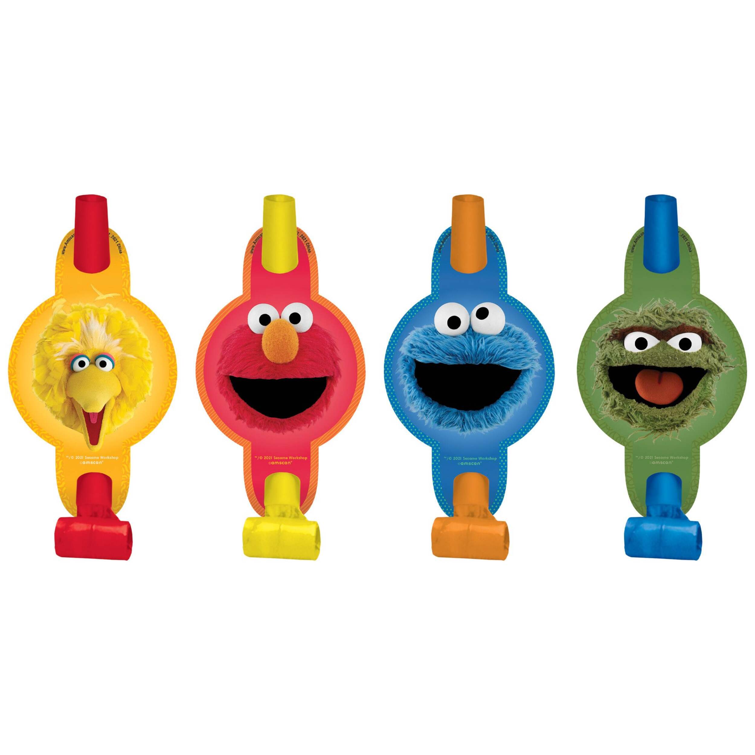 Sesame Street Big Bird/Elmo/Cookie Monster Blowout Noisemakers, Red/Yellow/Blue/Green, 5-in, 8-pk, for Birthday Party Front_Flat