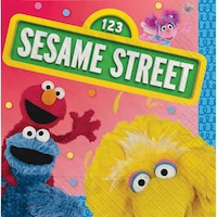 Sessame Street Elmo/Big Bird/Cookie Monster Square Paper Disposable Beverage Napkins, Red/Blue/Yellow, 5-in, 16-pk, 2-ply, for Birthday Party Overhead_Flat