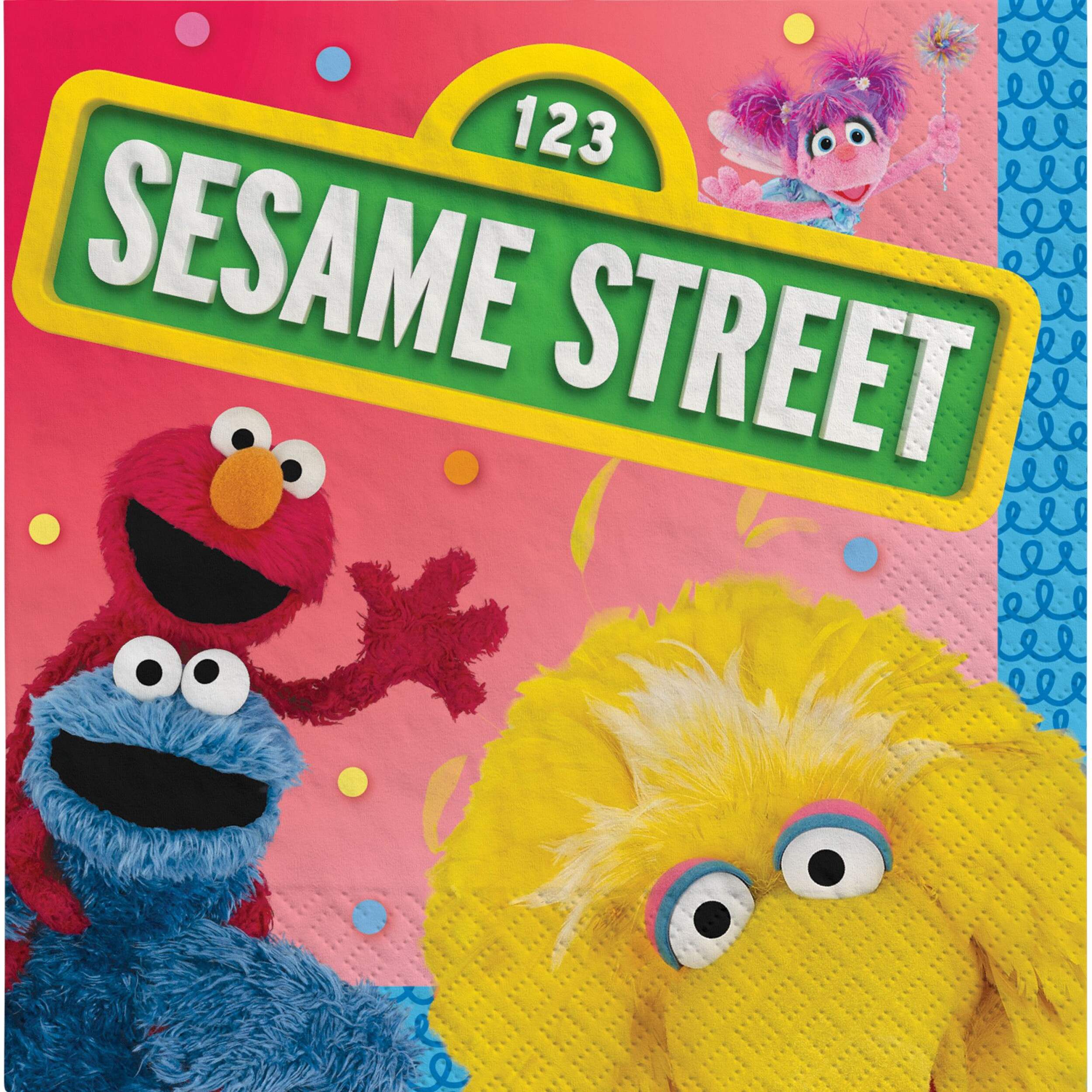 Sessame Street Elmo/Big Bird/Cookie Monster Square Paper Disposable Beverage Napkins, Red/Blue/Yellow, 5-in, 16-pk, 2-ply, for Birthday Party Overhead_Flat