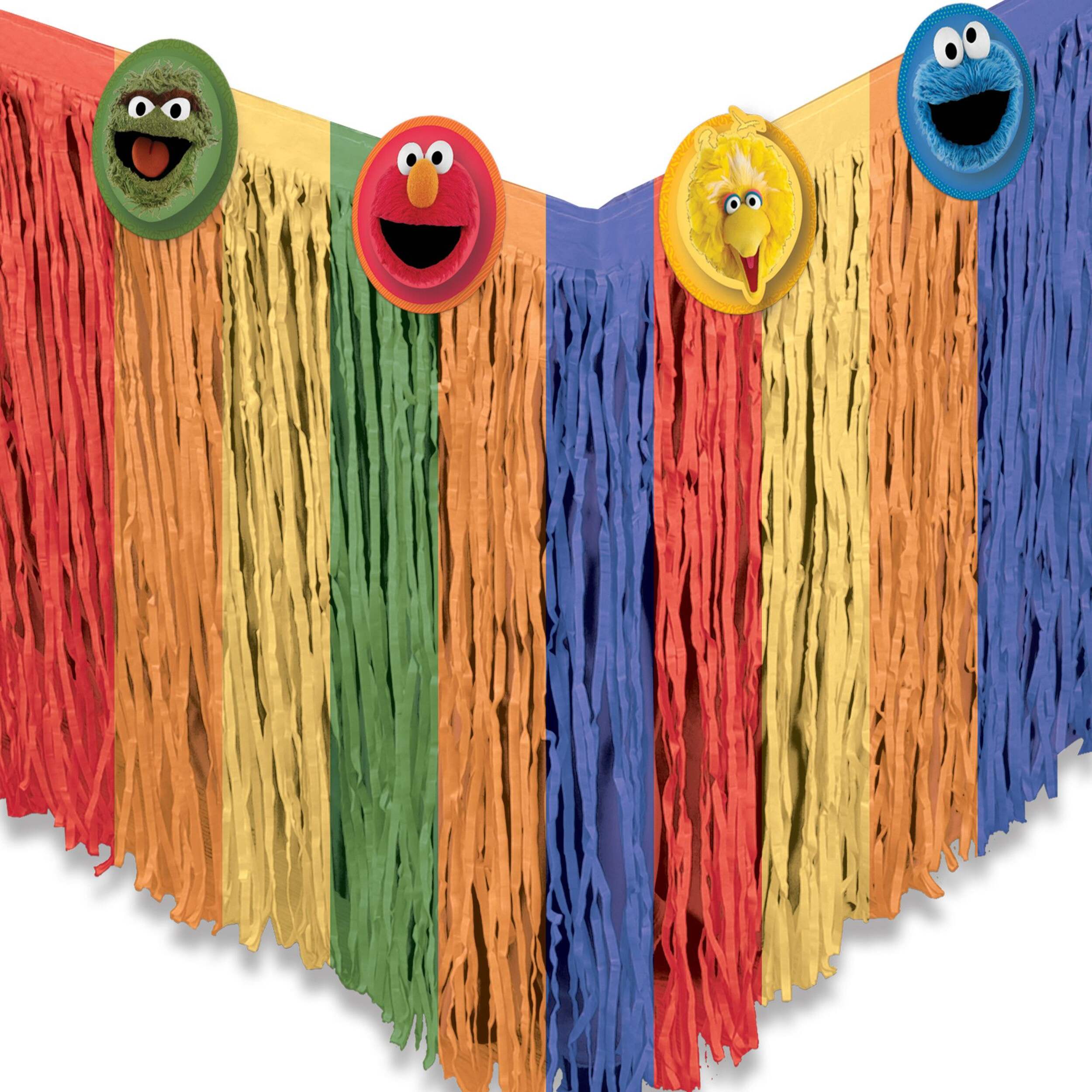 Sesame Street Elmo/Big Bird/Cookie Monster Rectangle Plastic Fringe Reusable Table Skirt, Multi-Coloured, 9x16.7-in, for Birthday Party Front_Flat