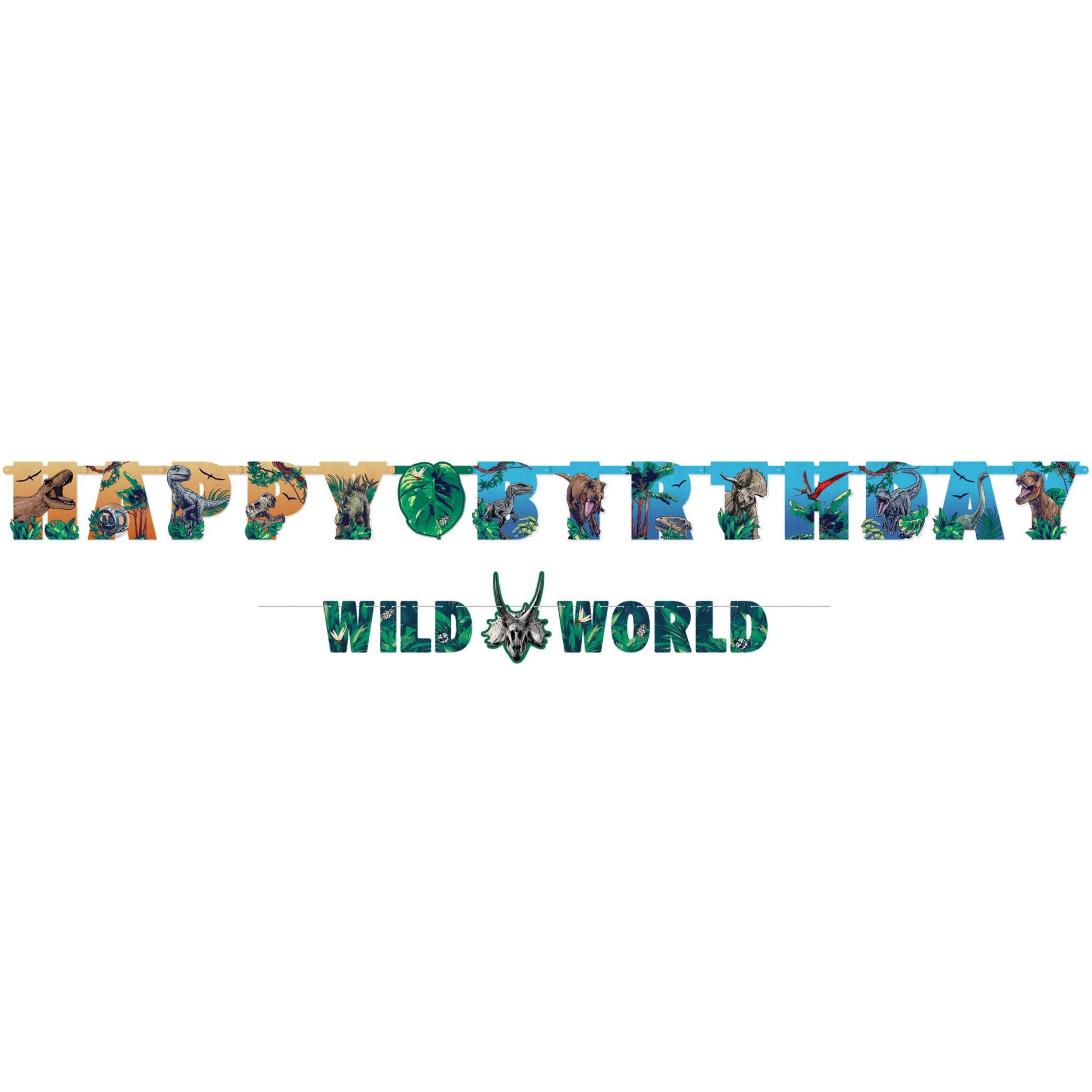 Jurassic World "Happy Birthday" Hanging Garland Banner Decoration, Green/Blue, 10.5-ft, 2-pk, for Birthday Party Front_Flat