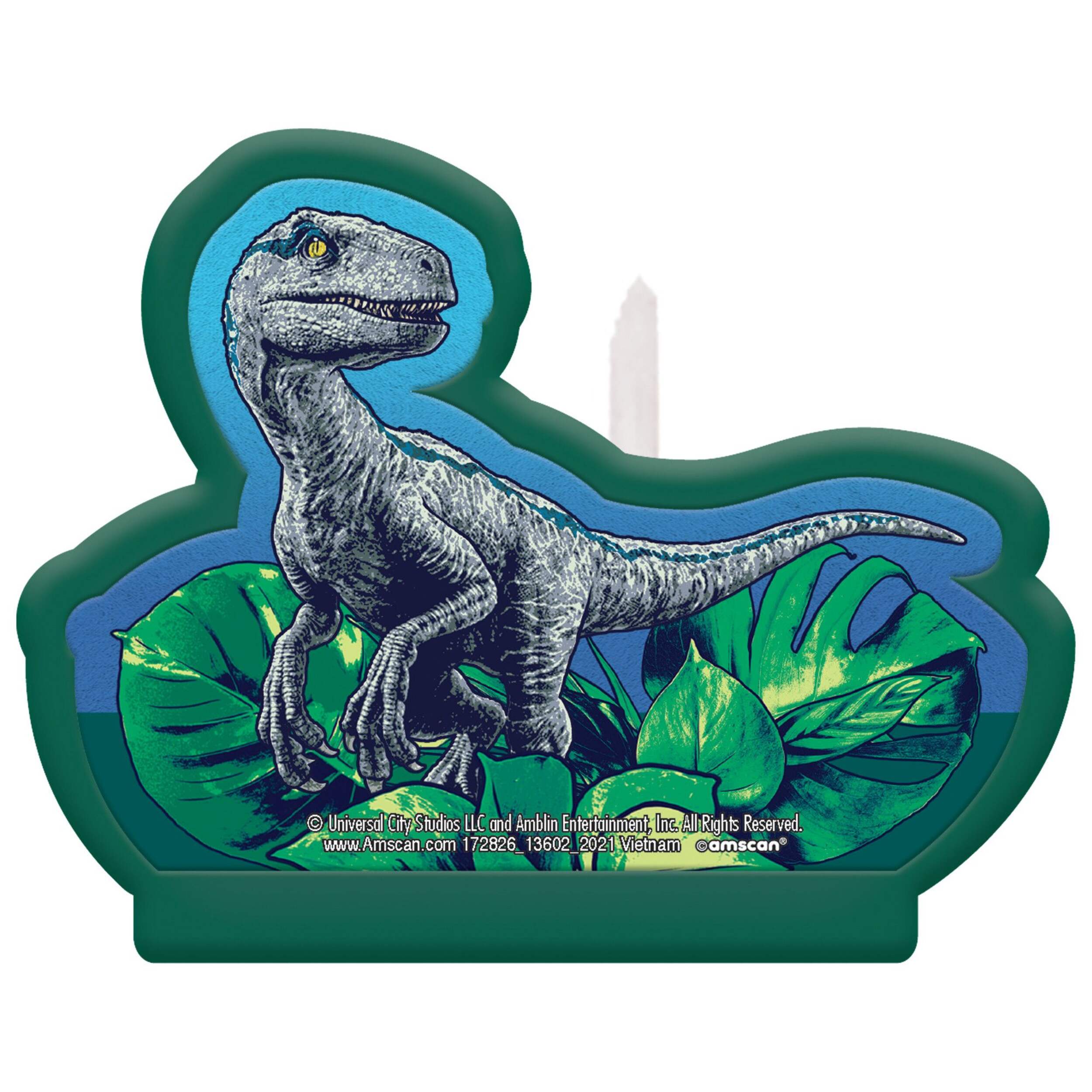 Jurassic World Dinosaur Wax Candle, Blue/Green, 4.5-in, for Birthday Party Front_Flat