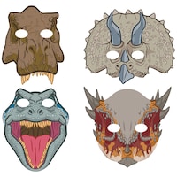 Jurassic World Dinosaur Paper Face Mask Wearables, Brown/Grey, One Size, 8-pk, for Birthday Party
