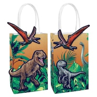 Jurassic World Dinosaur Create Your Own Customizable Paper Kraft Gift Bags, Green/Brown, 12-in, 8-pk, for Birthday Party Front_Three_Fourths_Angled_Right