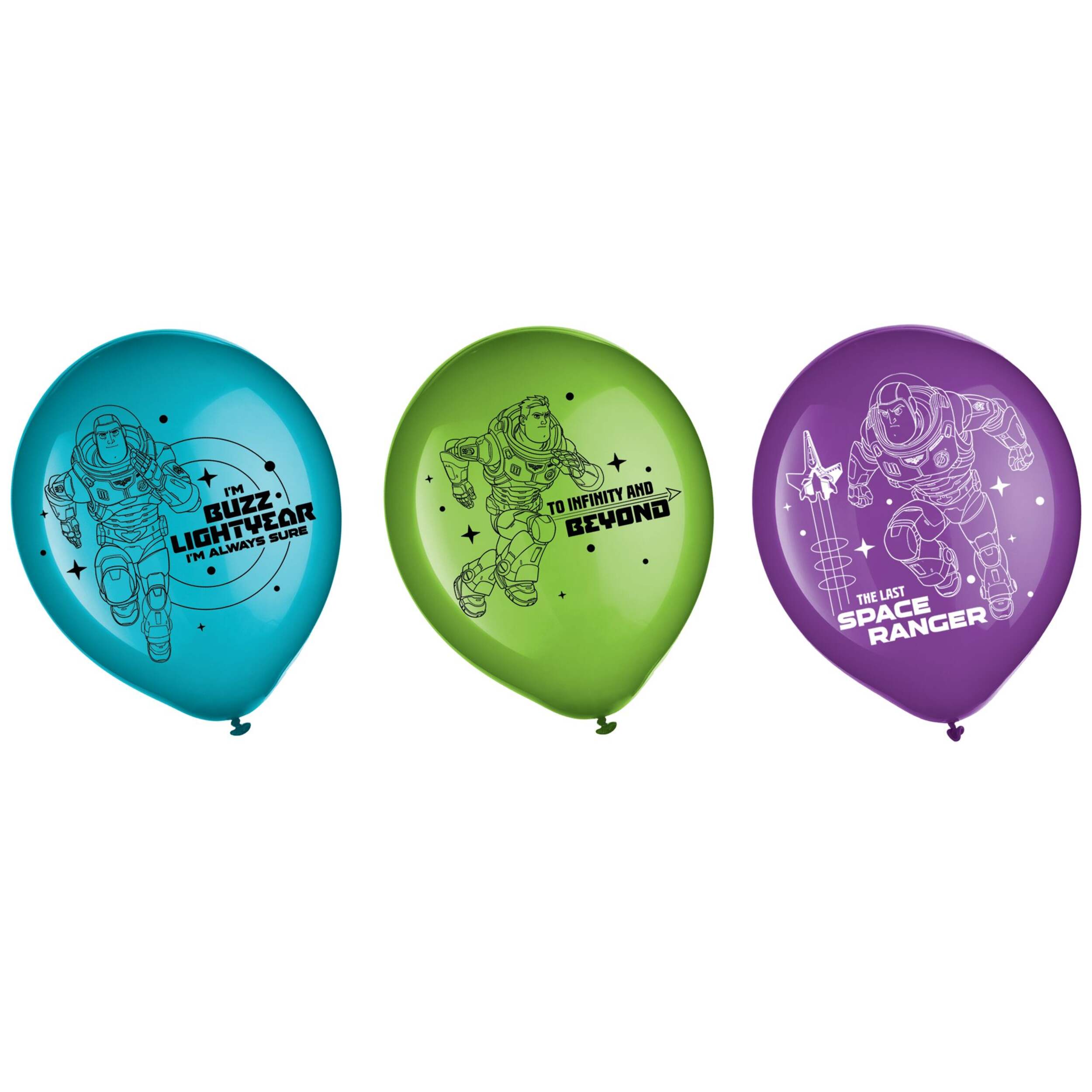 Ballons en latex ronds Disney Lightyear Buzz To Infinity and Beyond, bleu/vert/violet, 12 po, paq. 6, pour fête d'anniversaire Front_Flat