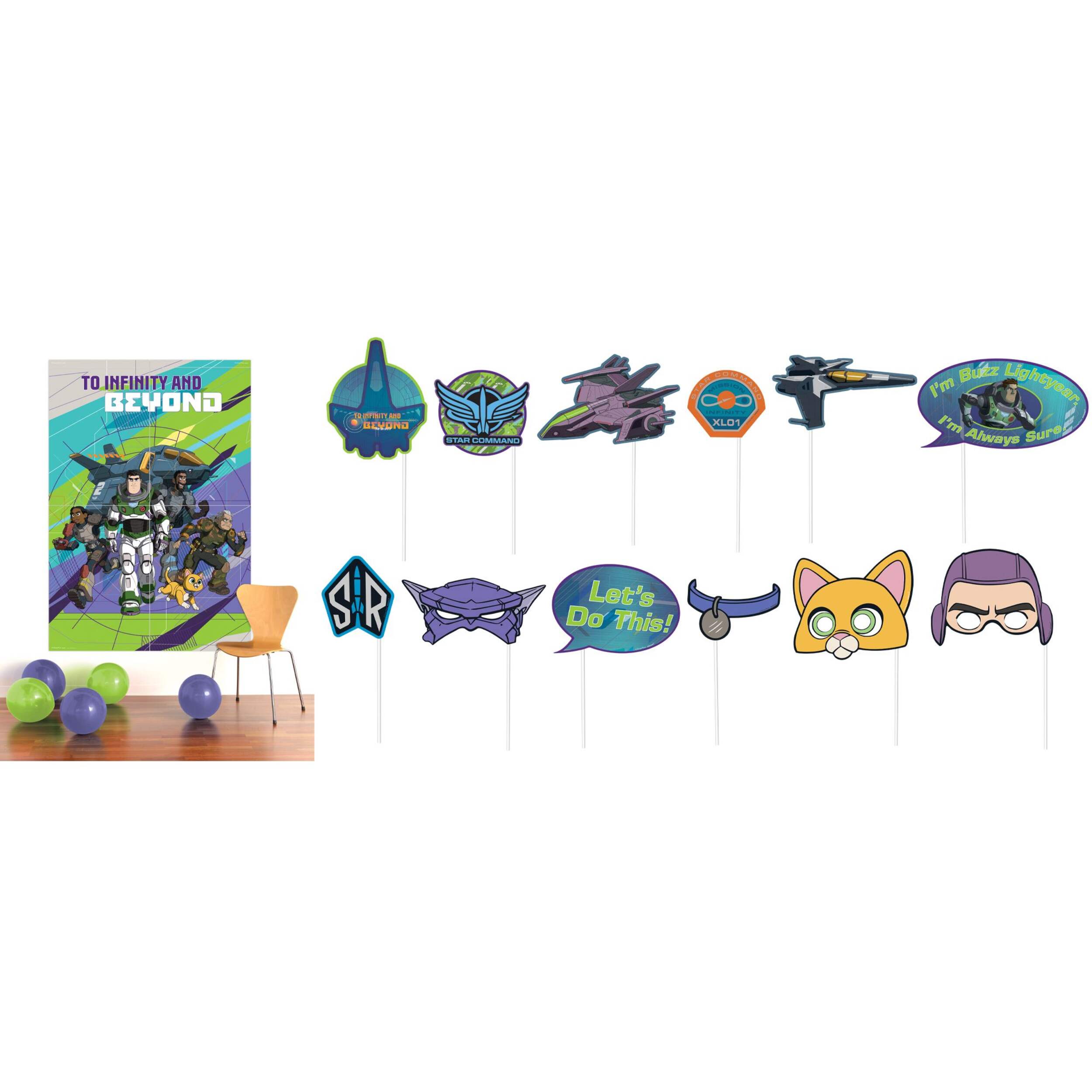 Disney Lightyear Plastic Scene Setter Background Decoration with Photo Booth Props, Green/Purple, 14.5-in, 16-pk, for Birthday Party Composite_or_Mixed