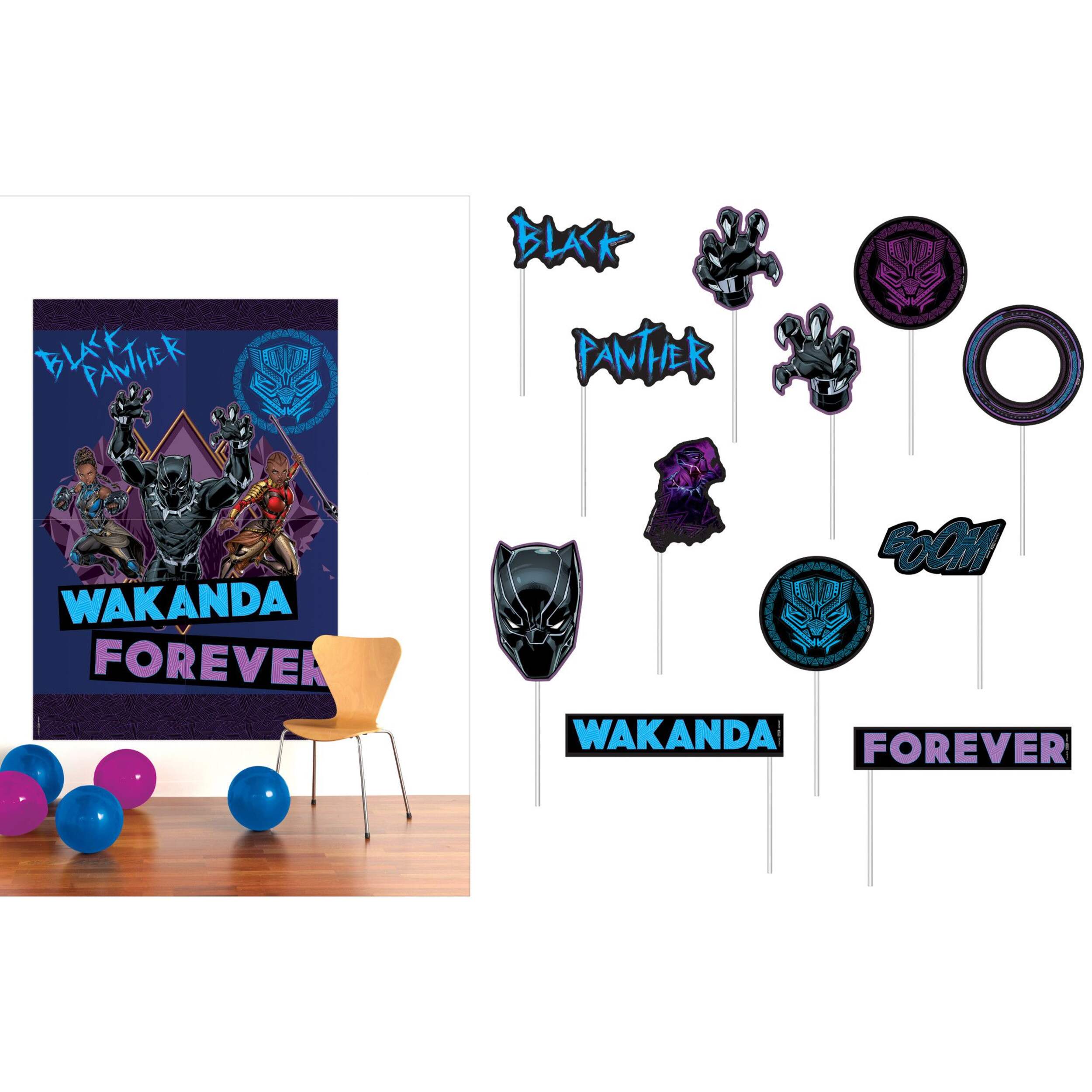 Disney Marvel Black Panther Plastic Scene Setter Background Decoration with Photo Booth Props, Blue/Purple, 14.5-in, 16-pk, for Birthday Party Front_Flat