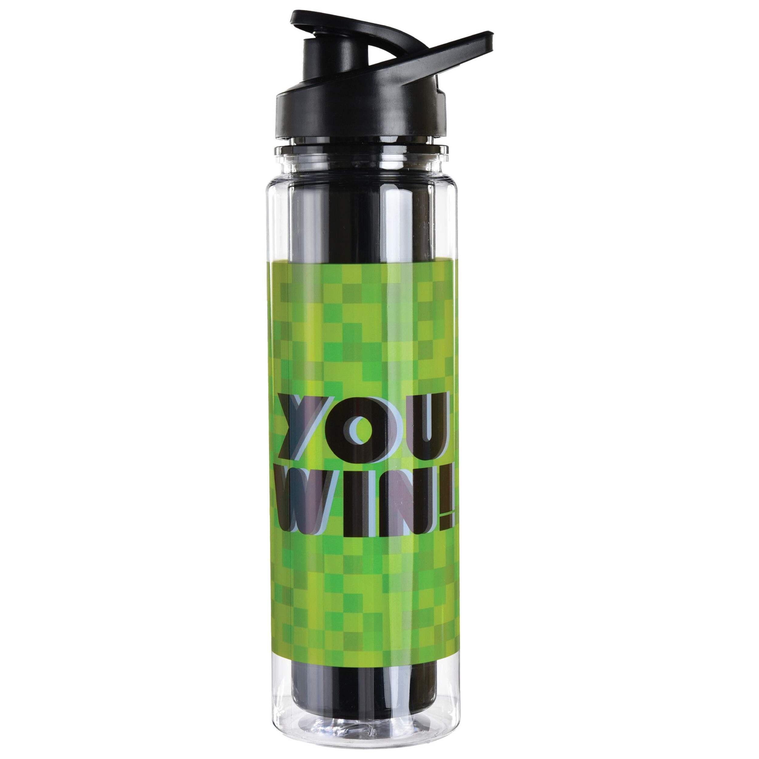 Level Up "You Win" Plastic Reusable Water Bottle, Black/Green, 6-in, for Birthday Party Front_Flat