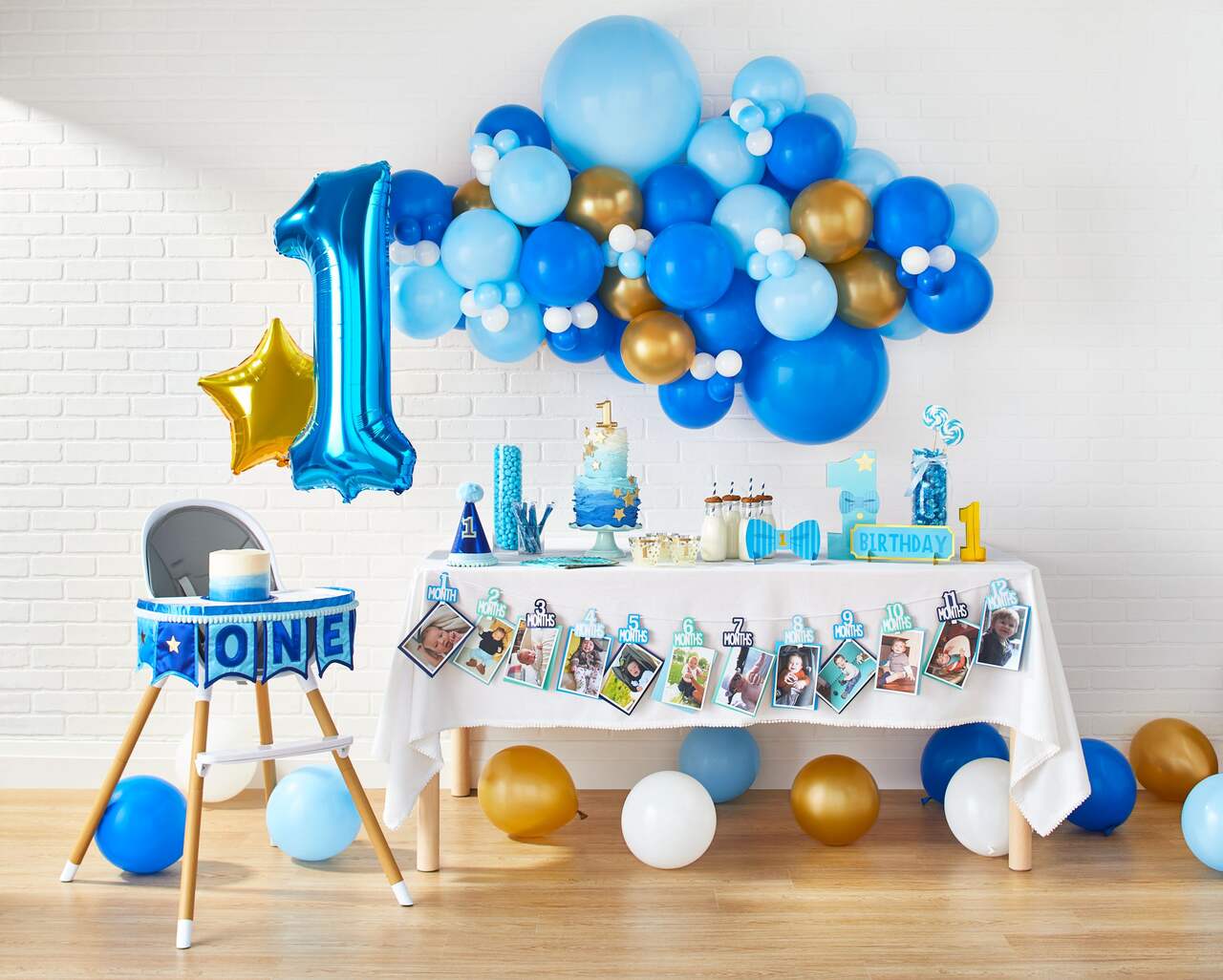 1st Birthday High Chair Decorating Kit featuring One Banner, Blue