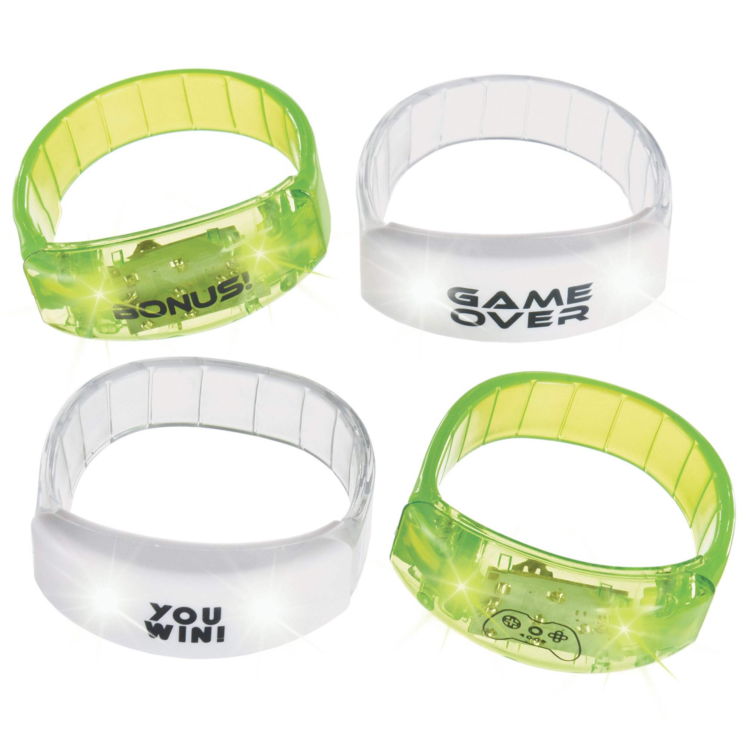 Level Up "Game Over" Light-Up Bracelets, Green/White, One Size, 4-pk, Wearable Favours  for Birthdays Composite_or_Mixed