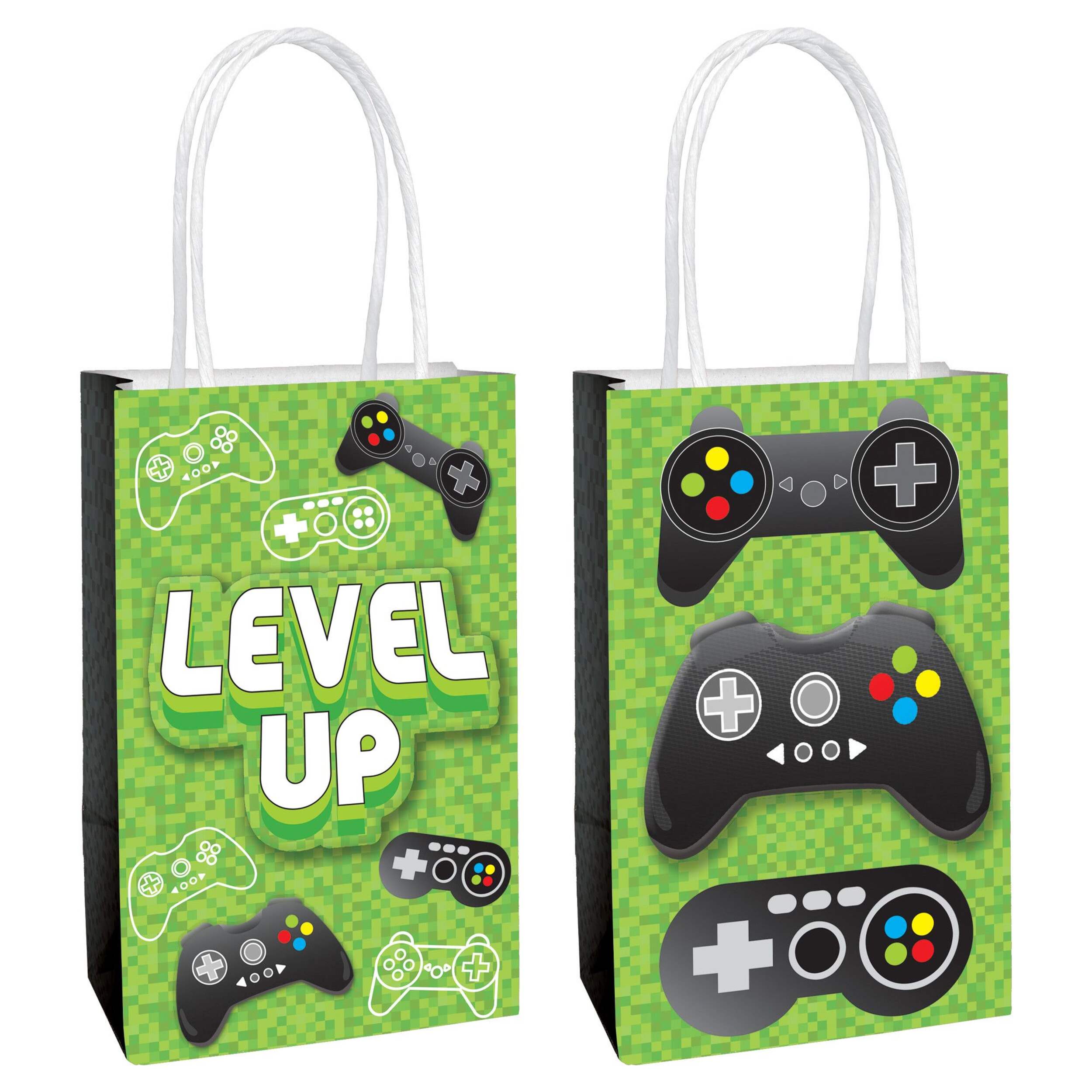 Level Up Create Your Own Customizable Paper Kraft Gift Bags, Green, Game Control, 12.25-in, 8-pk, for Birthday Party Composite_or_Mixed