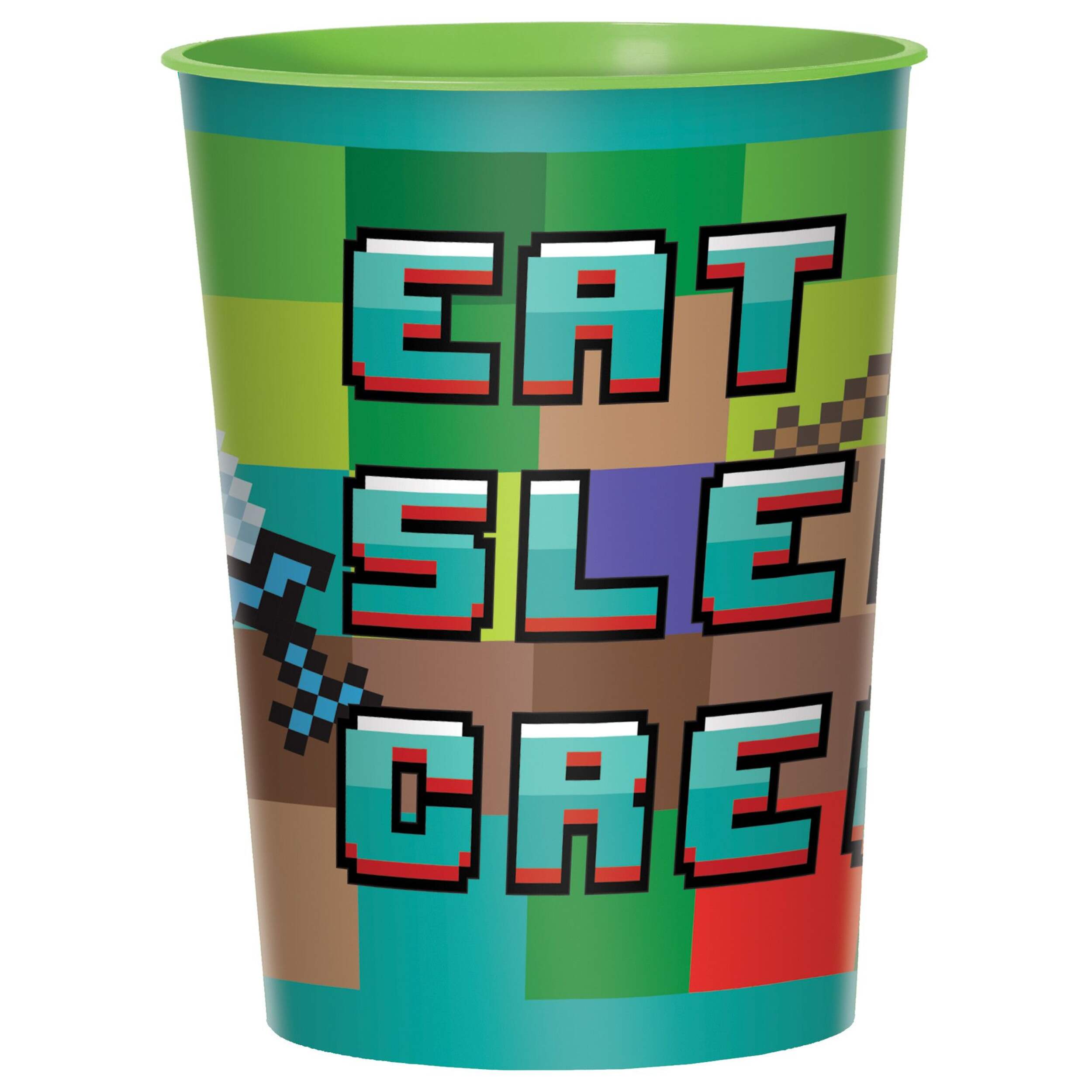 Pixel Party "Eat Sleep Creep" Plastic Reusable Favour Cup, Green/Blue, Pixelated, 16-oz, for Birthday Party Front_Flat