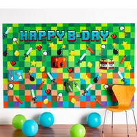 Pixel Party "Happy B-Day" Plastic Scene Setter Background Decoration, Green, 8-in, 7-pk, for Birthday Party Front_Flat
