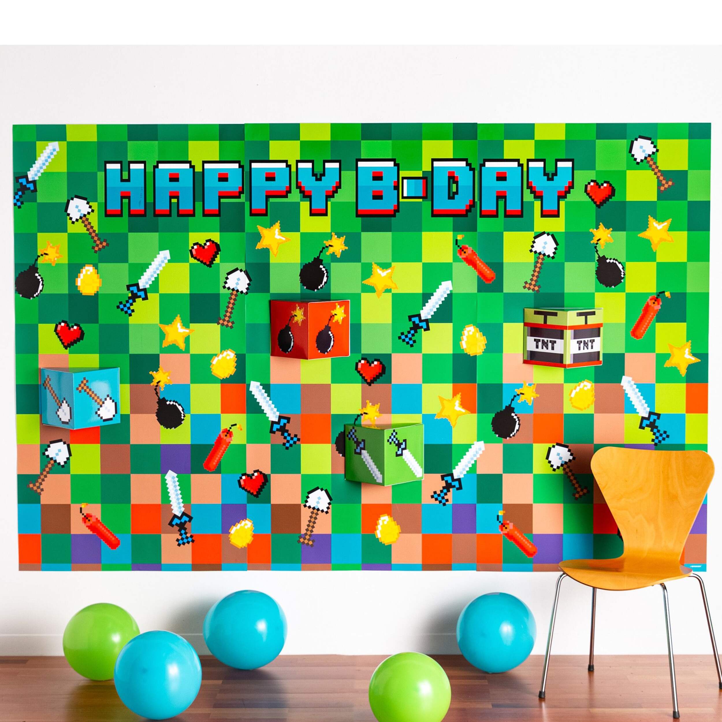Pixel Party "Happy B-Day" Plastic Scene Setter Background Decoration, Green, 8-in, 7-pk, for Birthday Party Front_Flat