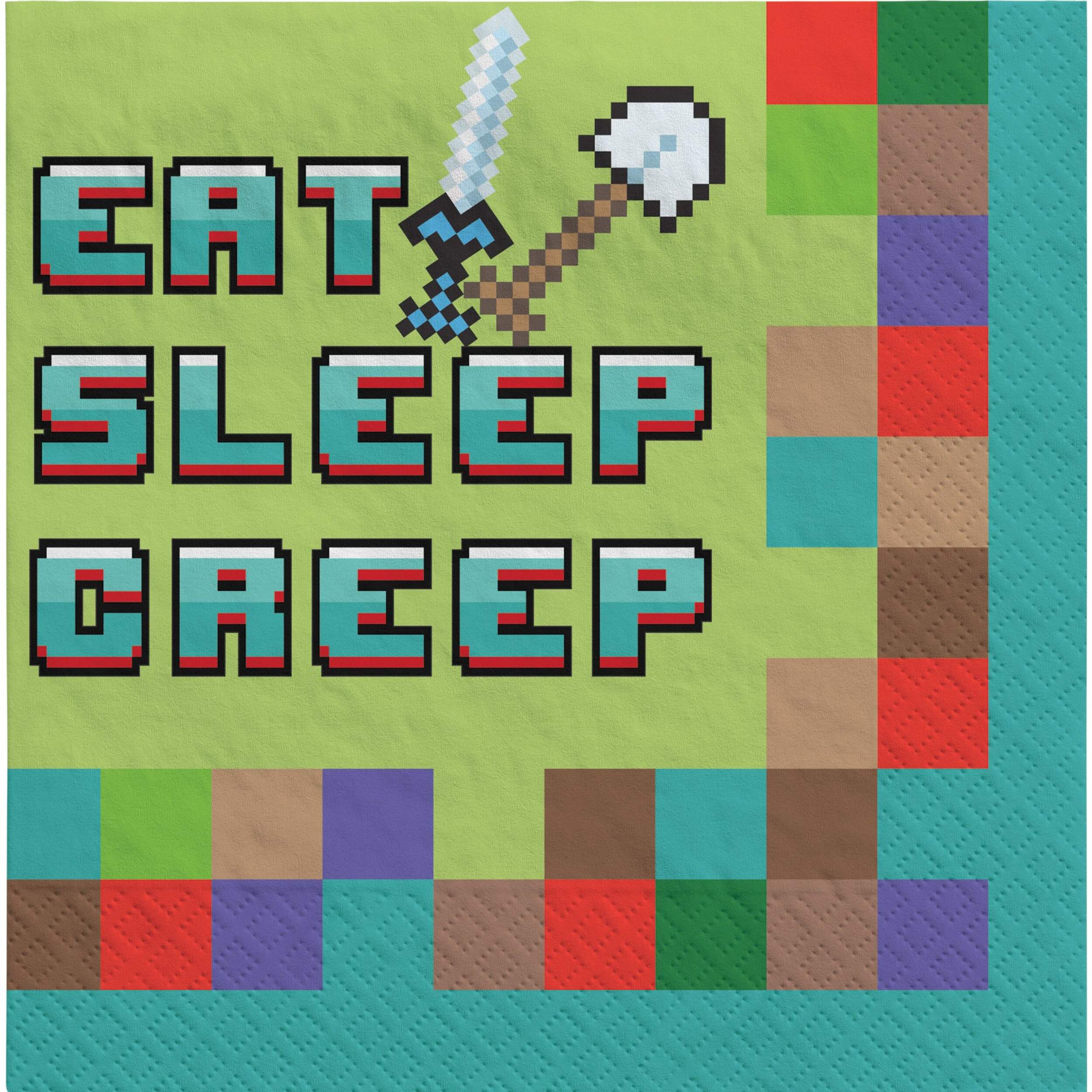 Pixel Party "Eat Sleep Creep" Square Paper Disposable Lunch Napkins, Green, Pixelated, 6.5-in, 16-pk, 2-ply, for Birthday Party Overhead_Flat