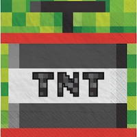 Pixel Party "TNT" Square Paper Disposable Beverage Napkins, Green, Pixelated, 5-in, 16-pk, 2-ply, for Birthday Party Overhead_Flat