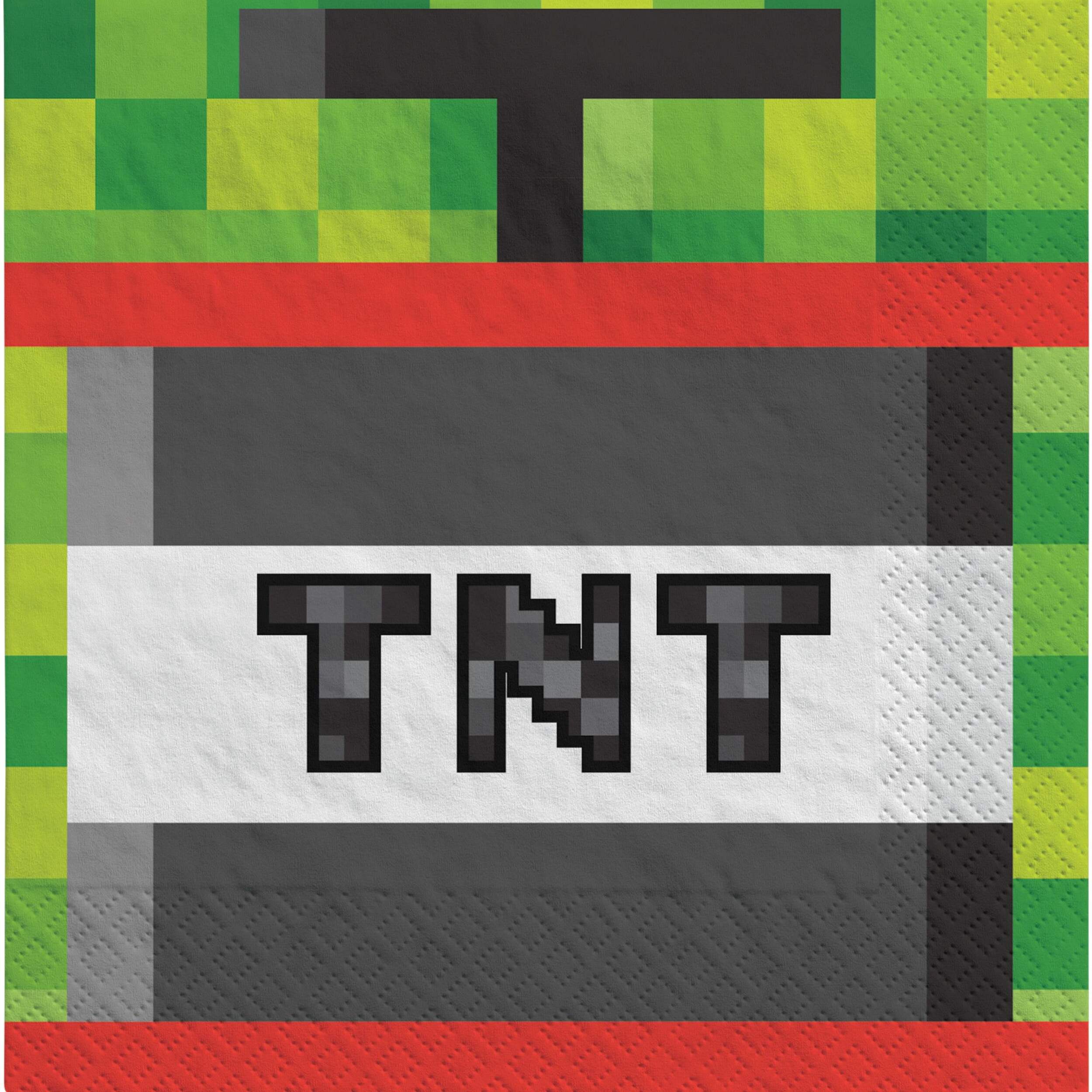 Pixel Party "TNT" Square Paper Disposable Beverage Napkins, Green, Pixelated, 5-in, 16-pk, 2-ply, for Birthday Party Overhead_Flat