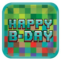 Pixel Party "Happy B-Day" Square Paper Disposable Lunch Plates, Green/Blue, Pixelated, 9-in, 8-pk, for Birthday Party Overhead_Flat