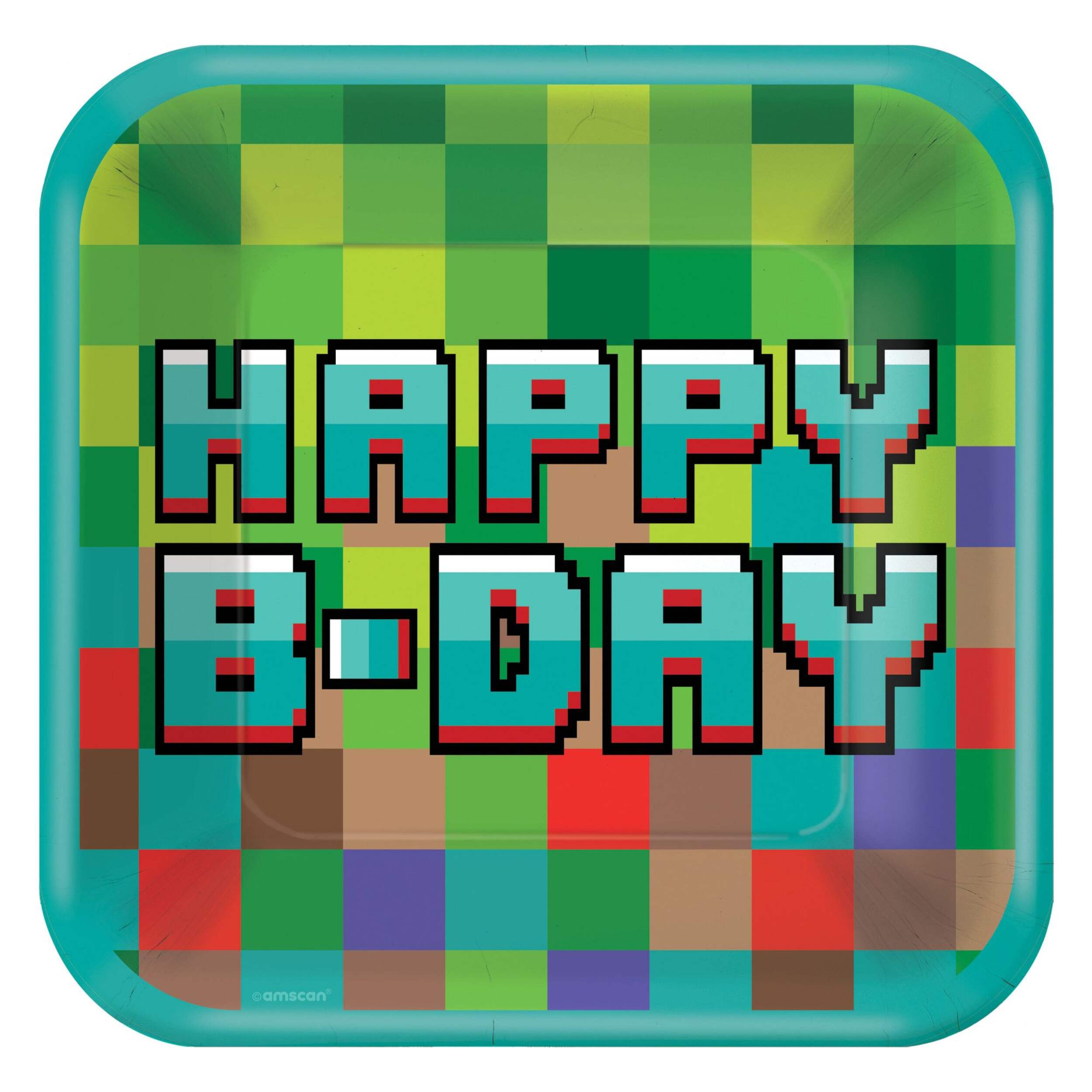 Pixel Party "Happy B-Day" Square Paper Disposable Lunch Plates, Green/Blue, Pixelated, 9-in, 8-pk, for Birthday Party Overhead_Flat