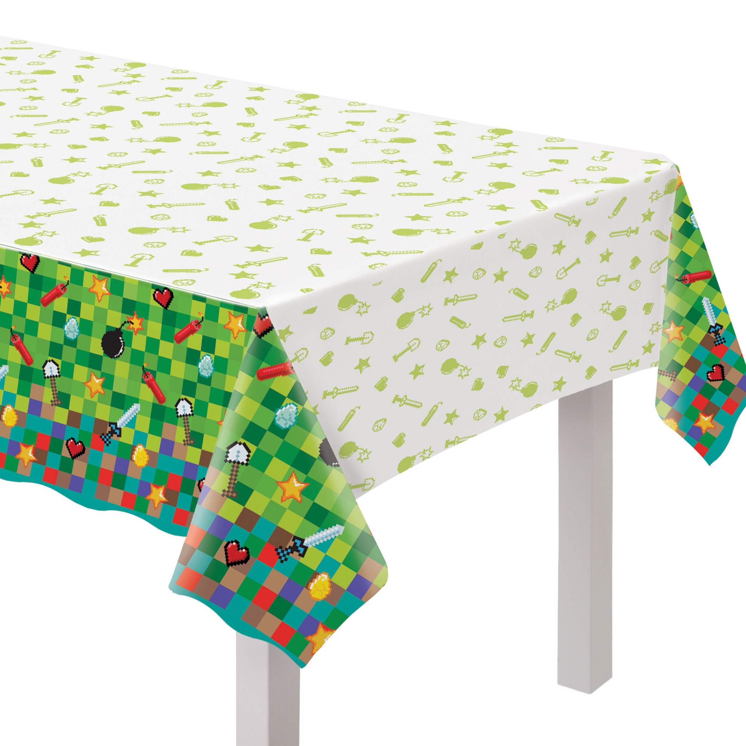 Pixel Party Rectangle Plastic Reusable Table Cover, Green, Pixelated, 54x96-in, for Birthday Party Front_Three_Fourths_Angled_Left