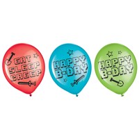 Pixel Party "Happy B-Day" Round Latex Balloons, Red/Blue/Green, 12-in, 6-pk, for Birthday Party Front_Flat