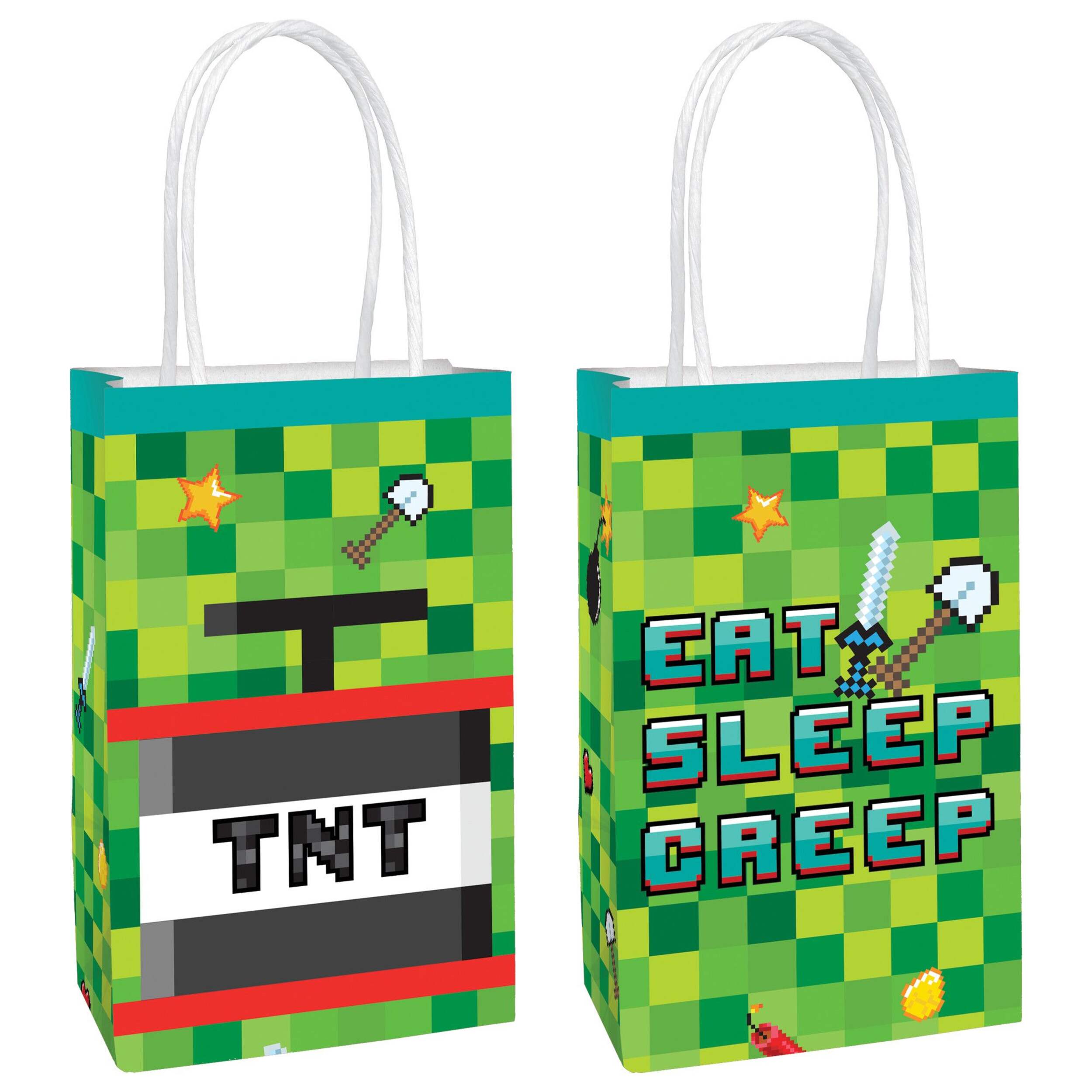 Pixel Party "Eat Sleep Creep" Paper Kraft Gift Bags, Green, 12-in, 8-pk, for Birthday Party Front_Angled_Right