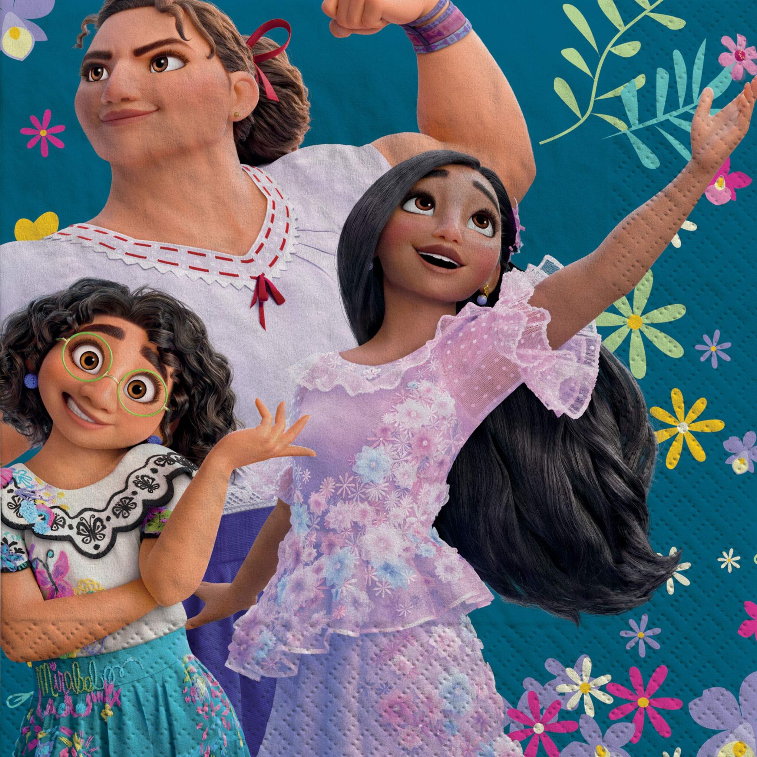 Disney Encanto Mirabel/Isabela/Luisa Square Paper Disposable Lunch Napkins, Blue, 6.5-in, 16-pk, 2-ply, for Birthday Party Overhead_Flat