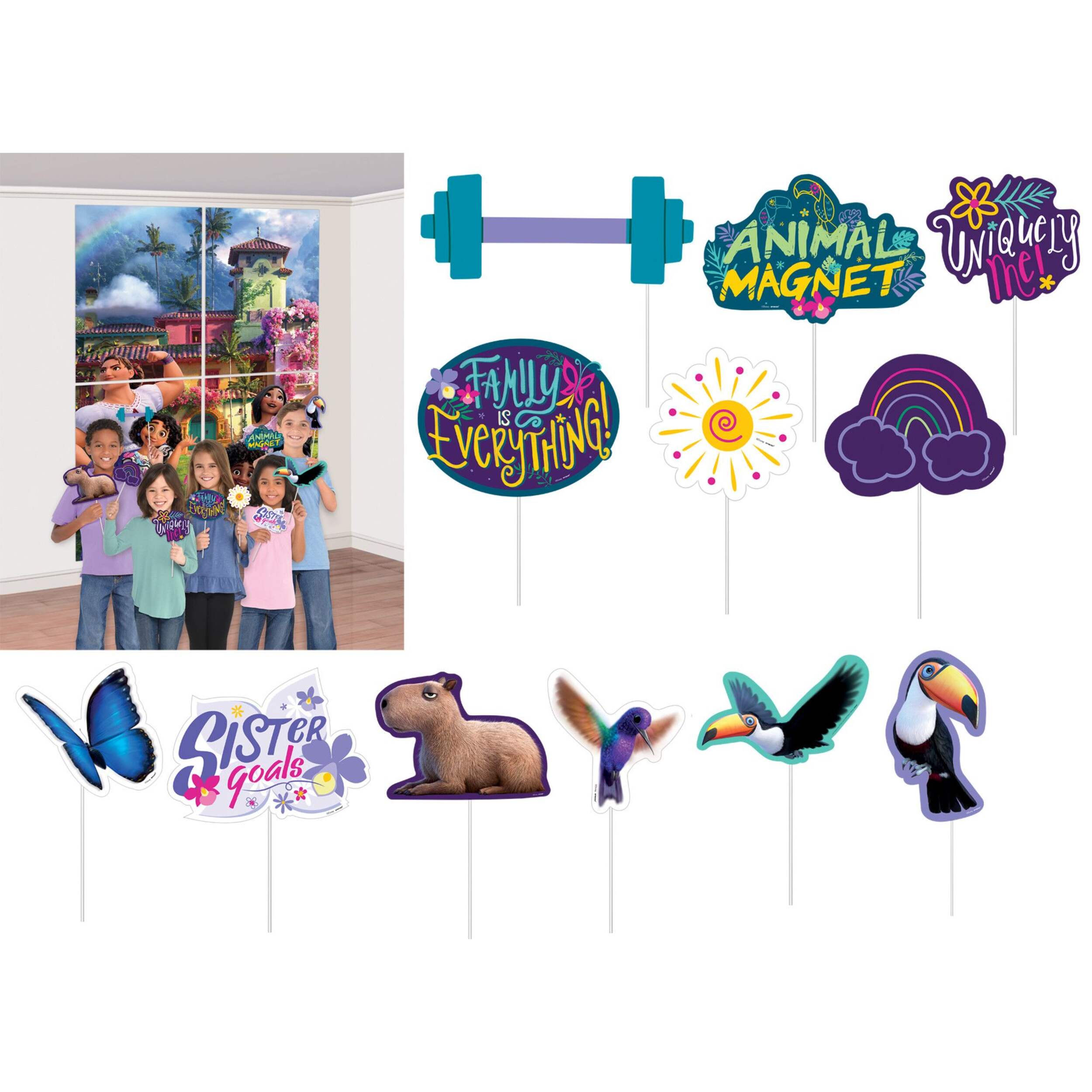 Disney Encanto "Family is Everything" Plastic Scene Setter Background Decoration with Photo Booth Props, Purple, 7.5-in, 16-pk, for Birthday Party Composite_or_Mixed