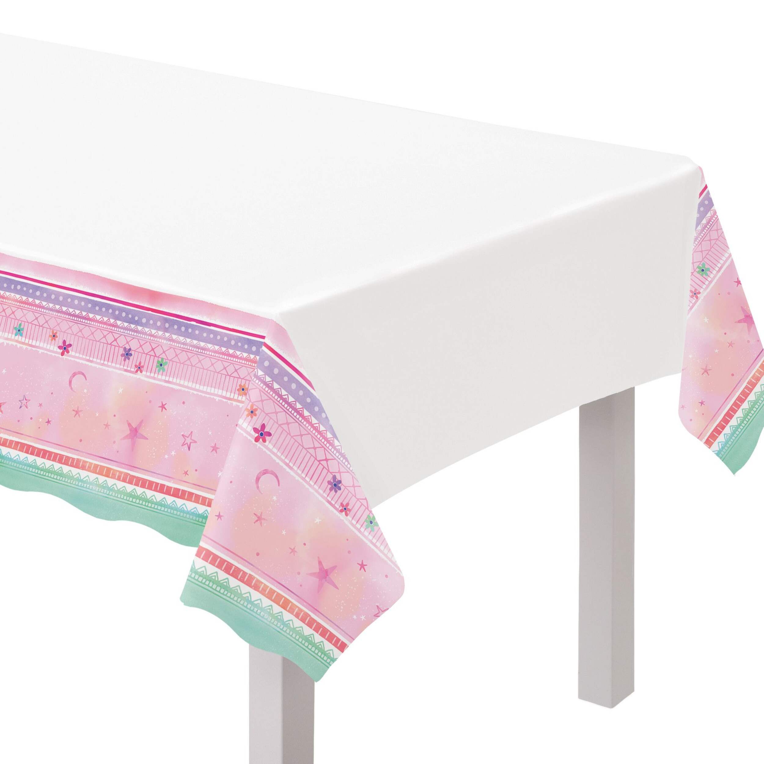 Festival Vibes Rectangle Plastic Reusable Table Cover, Pink/White, 54x96-in, for Birthday Party CloseUp