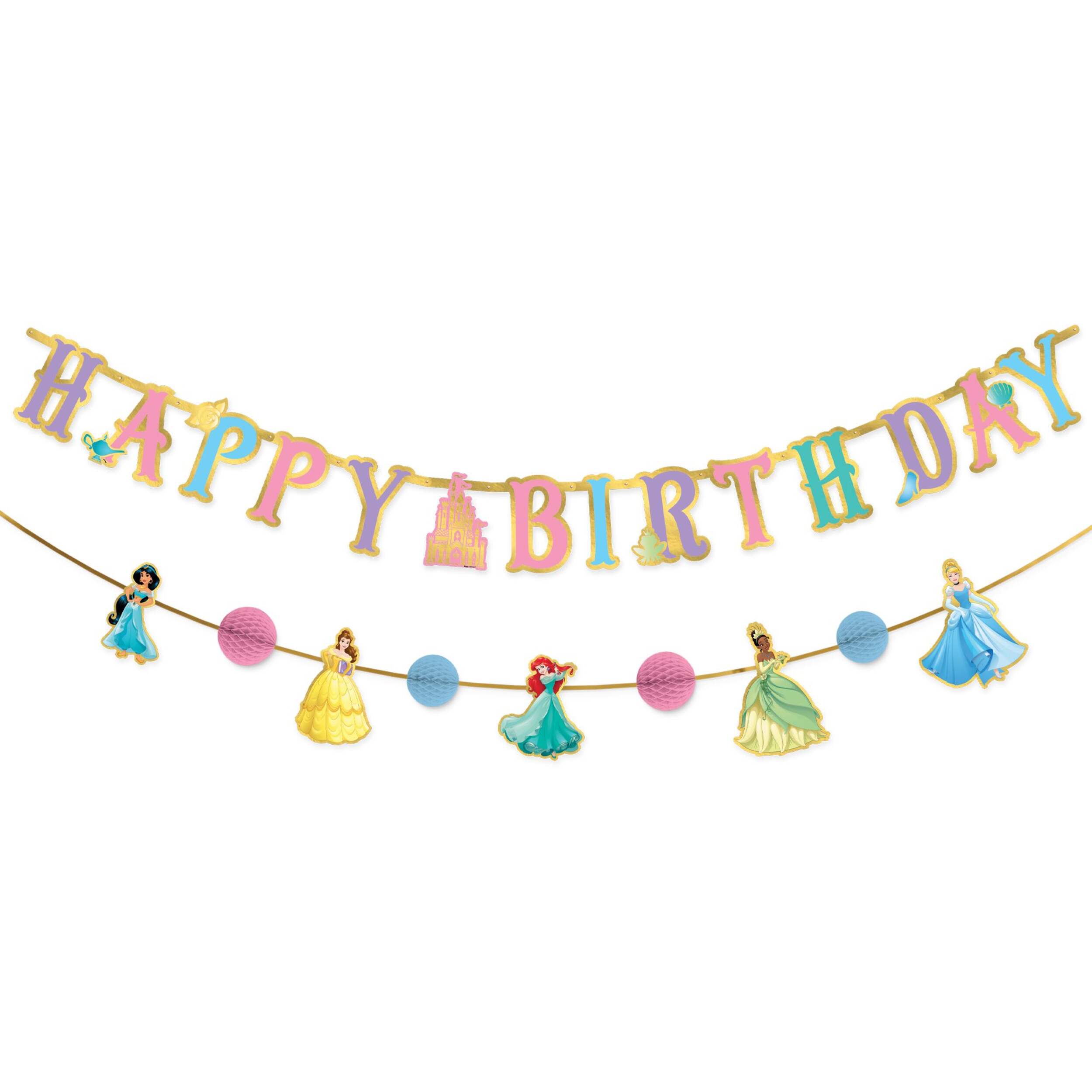 Disney Princess Once Upon A Time 'Happy Birthday' Hanging Garland Banner Decoration, Multi-Coloured, 10.5-ft, 2-pk, for Princess Party Decorations Front_Flat