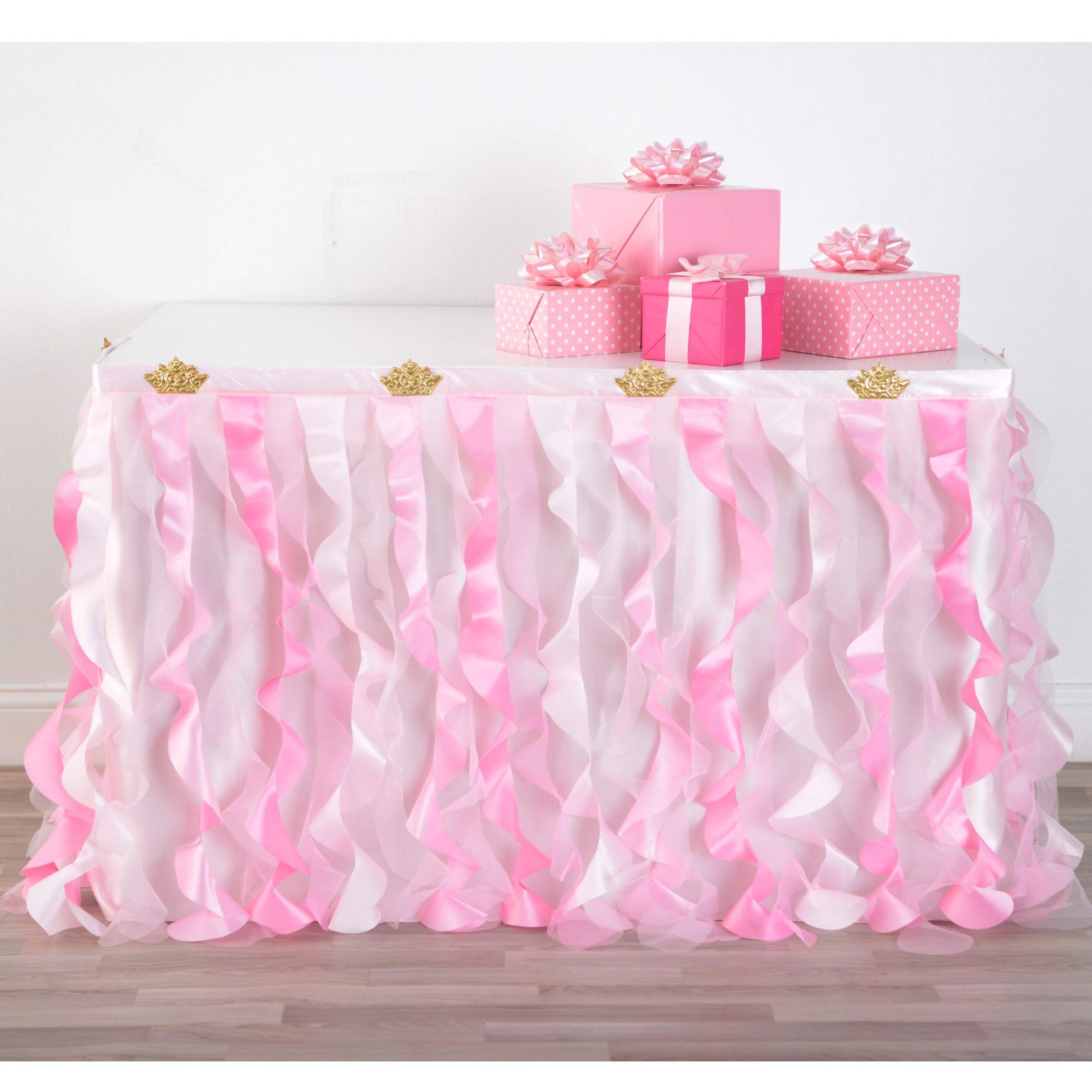 Rectangle Fabric Ruffle Pink Table Skirt, 6.75-in, for Birthday Party/Baby Shower Front_Flat