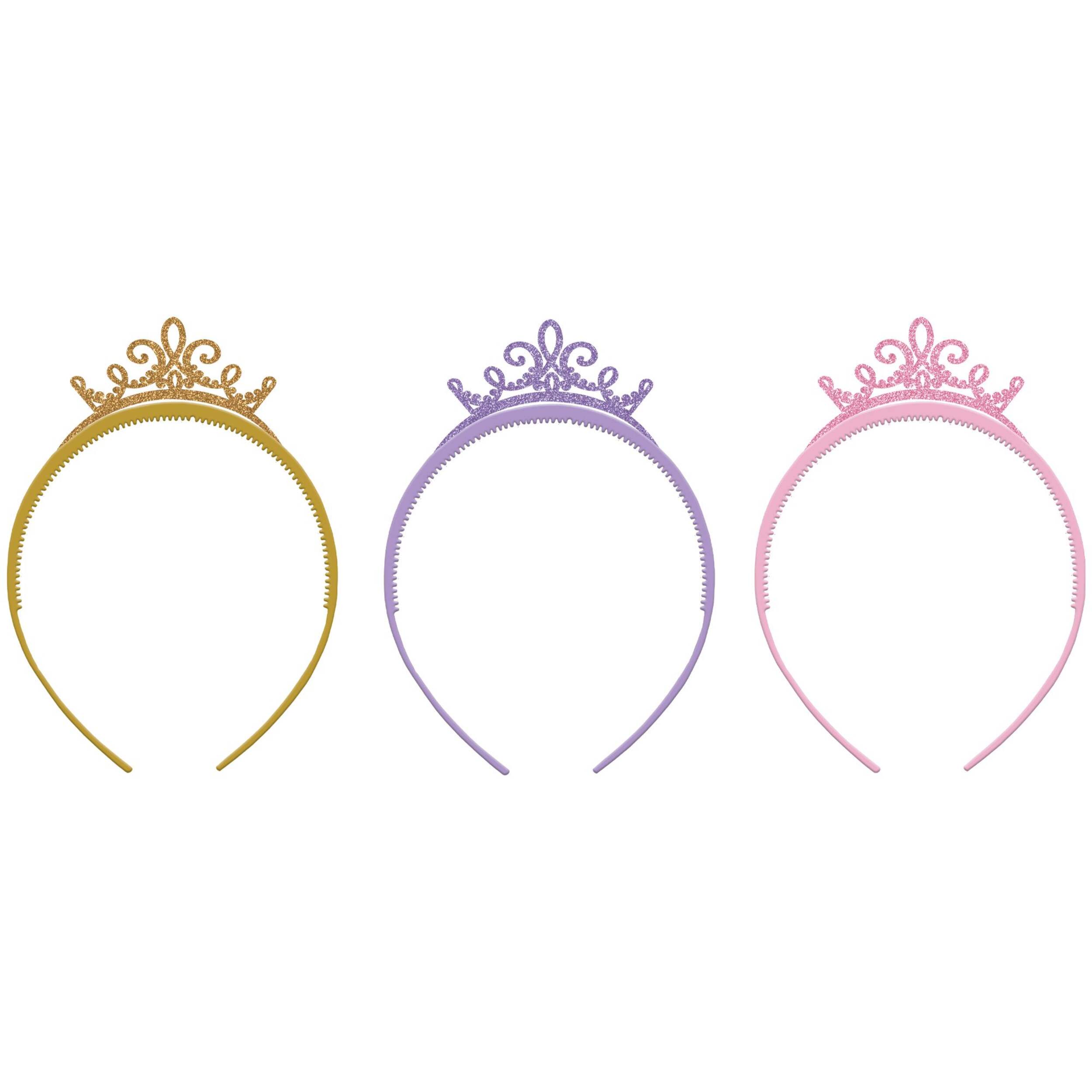 Disney Princess Once Upon A Time Tiara Crown Headbands, Gold/Purple/Pink, One Size, 3-pk, for Birthday Party Headbands Front_Flat