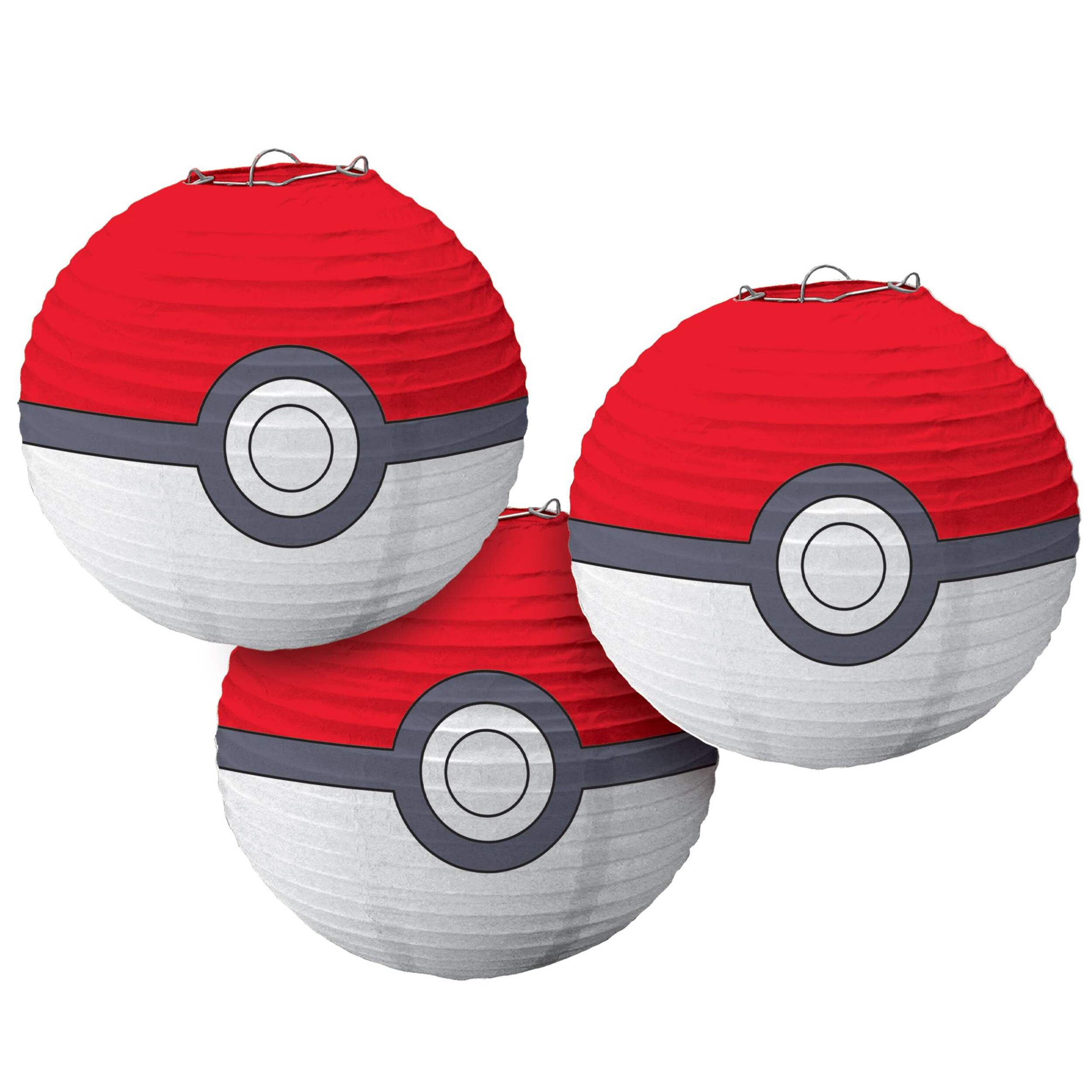 Nintendo Pokémon Paper Lantern Hanging Decorations, Red/White, 9.5-in, 3-pk, for Pokémon Party Front_Flat